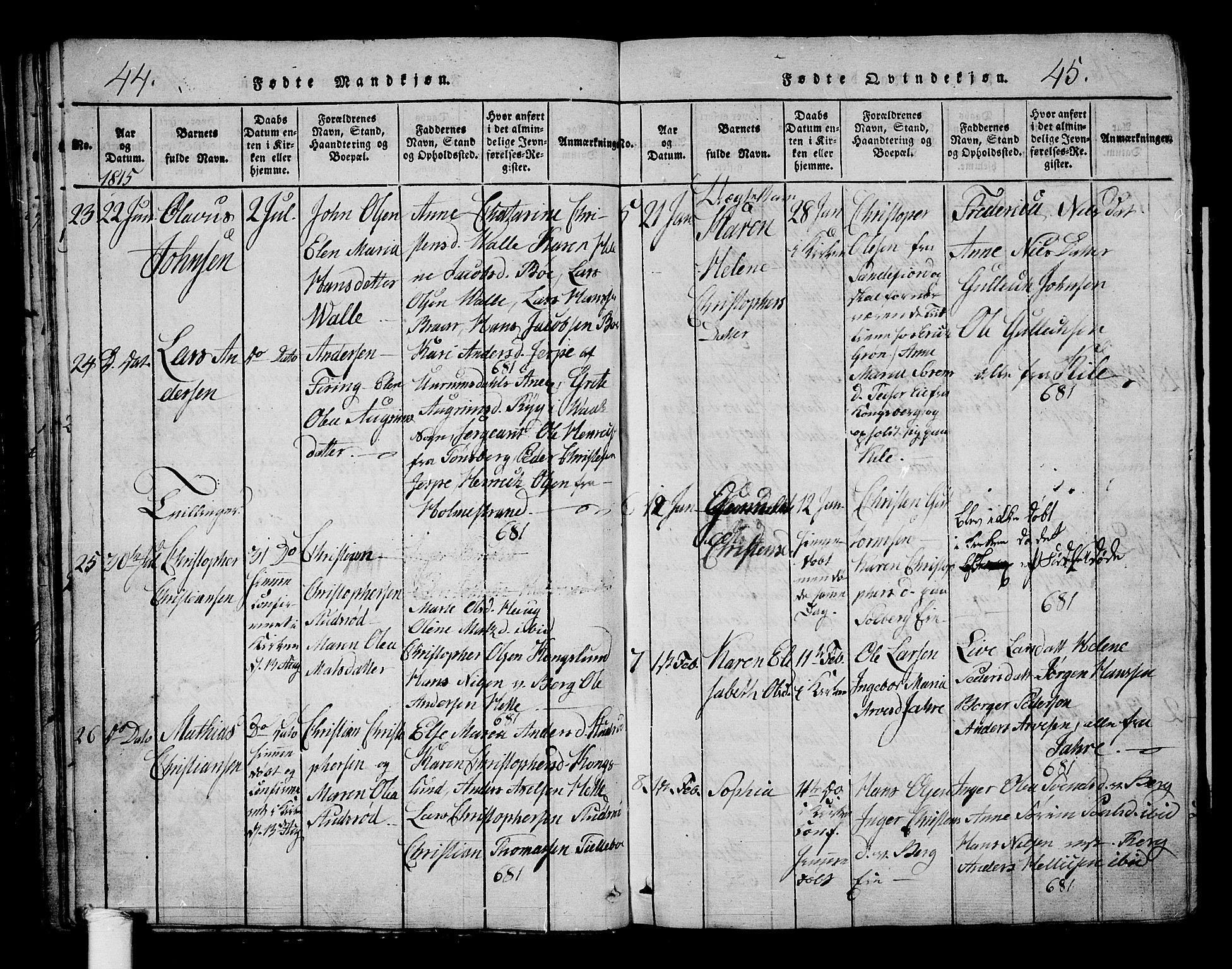 Ramnes kirkebøker, SAKO/A-314/G/Ga/L0001: Parish register (copy) no. I 1, 1813-1847, p. 44-45