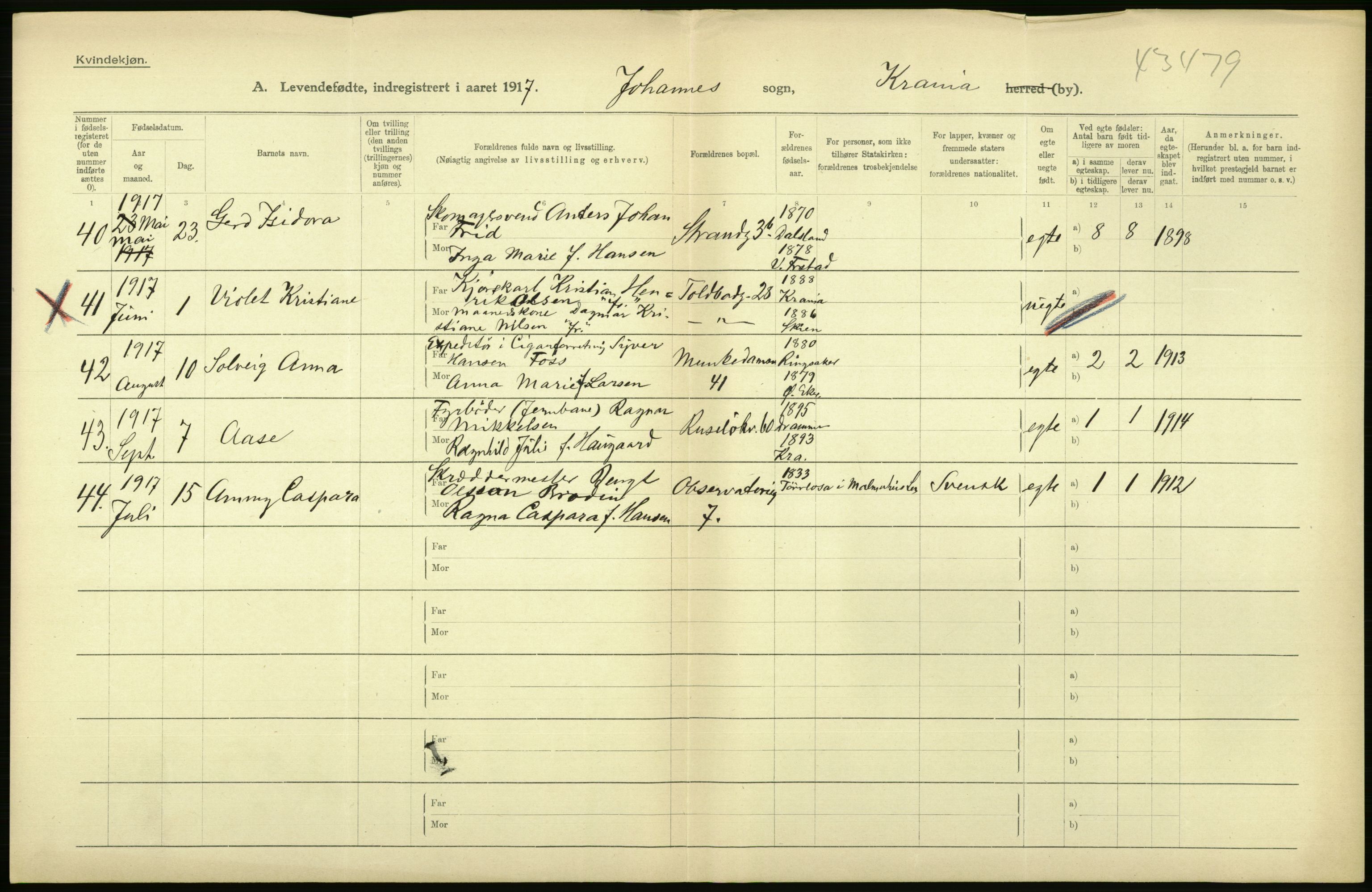 Statistisk sentralbyrå, Sosiodemografiske emner, Befolkning, AV/RA-S-2228/D/Df/Dfb/Dfbg/L0007: Kristiania: Levendefødte menn og kvinner., 1917, p. 358