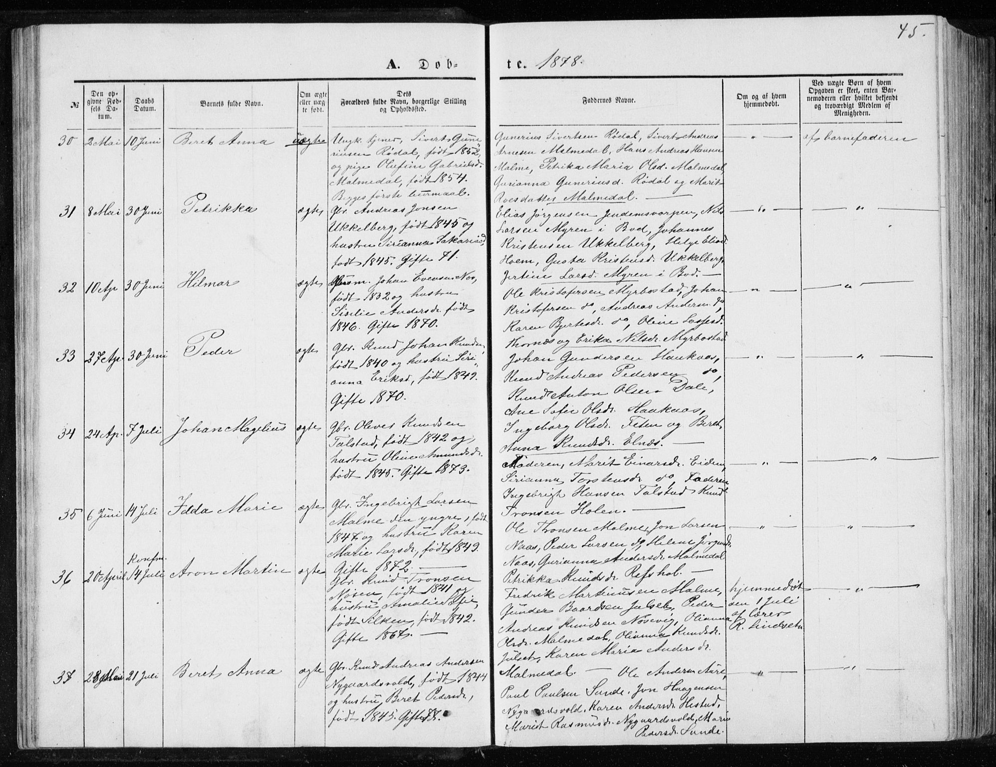 Ministerialprotokoller, klokkerbøker og fødselsregistre - Møre og Romsdal, SAT/A-1454/565/L0754: Parish register (copy) no. 565C03, 1870-1896, p. 45