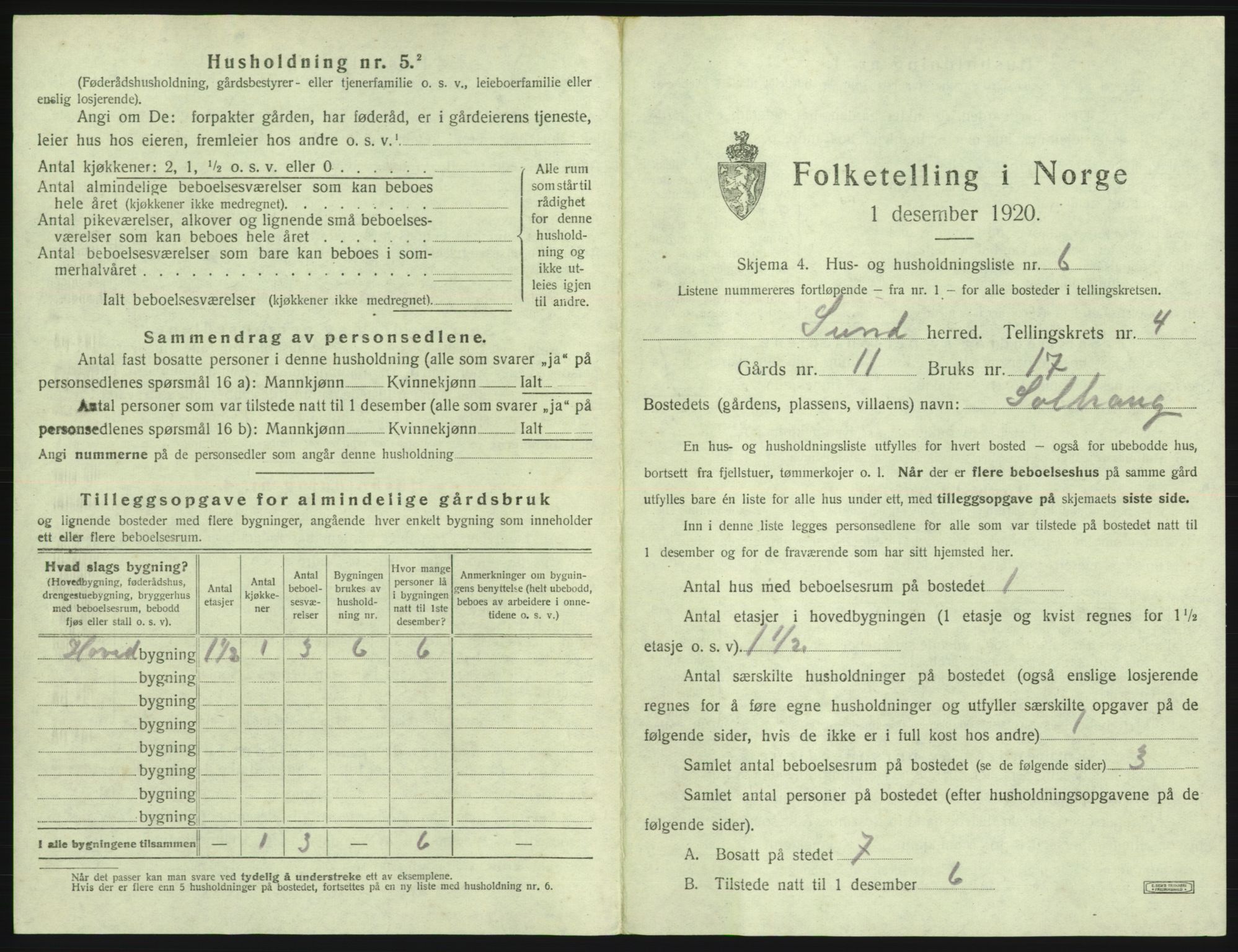 SAB, 1920 census for Sund, 1920, p. 293