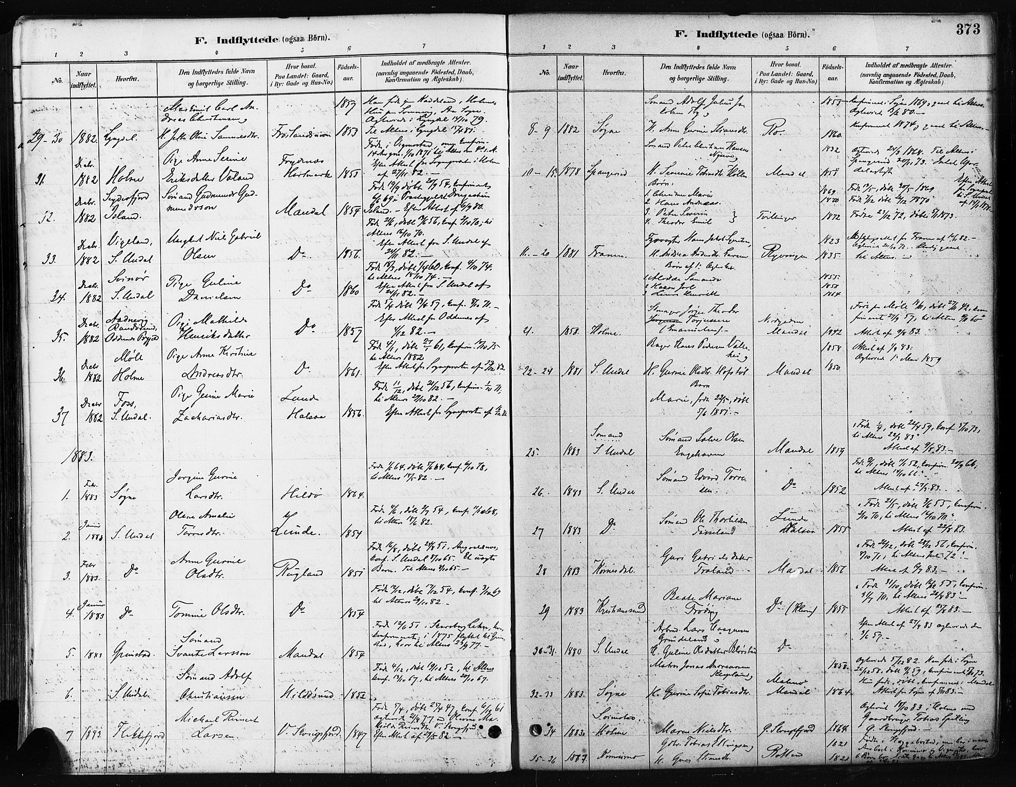 Mandal sokneprestkontor, SAK/1111-0030/F/Fa/Faa/L0016: Parish register (official) no. A 16, 1880-1890, p. 373