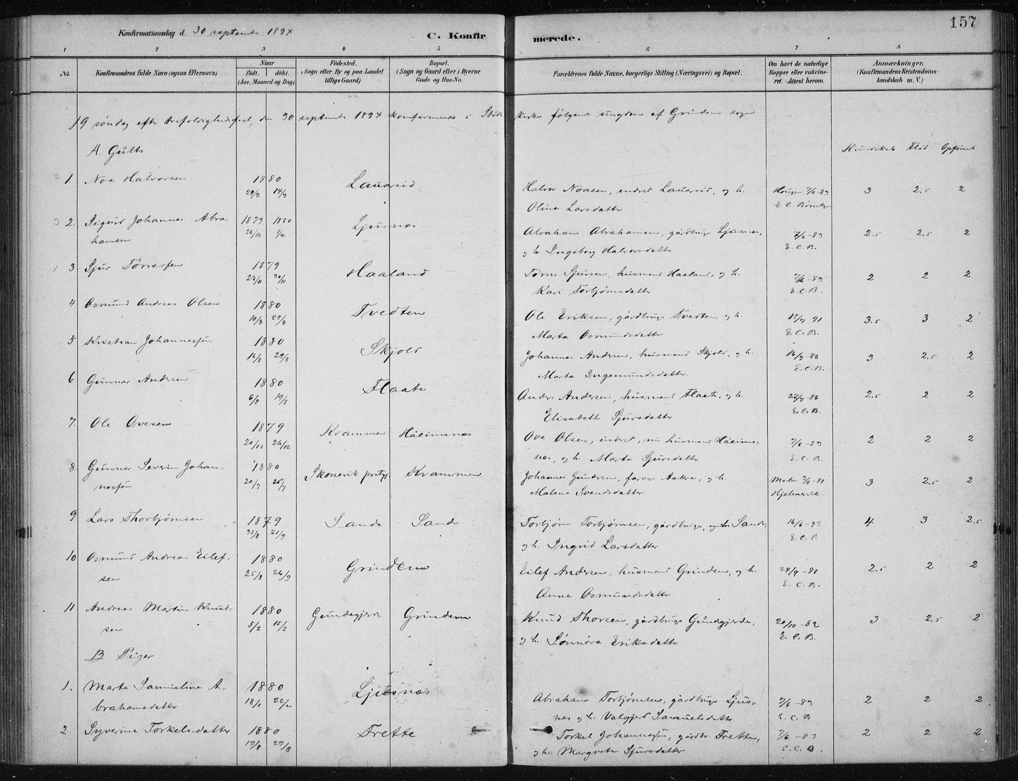 Etne sokneprestembete, SAB/A-75001/H/Haa: Parish register (official) no. D  1, 1879-1919, p. 157