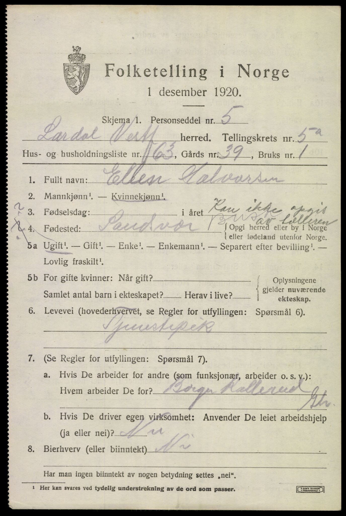 SAKO, 1920 census for Lardal, 1920, p. 5175