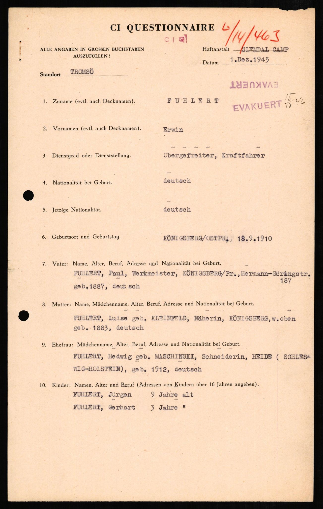 Forsvaret, Forsvarets overkommando II, AV/RA-RAFA-3915/D/Db/L0008: CI Questionaires. Tyske okkupasjonsstyrker i Norge. Tyskere., 1945-1946, p. 421