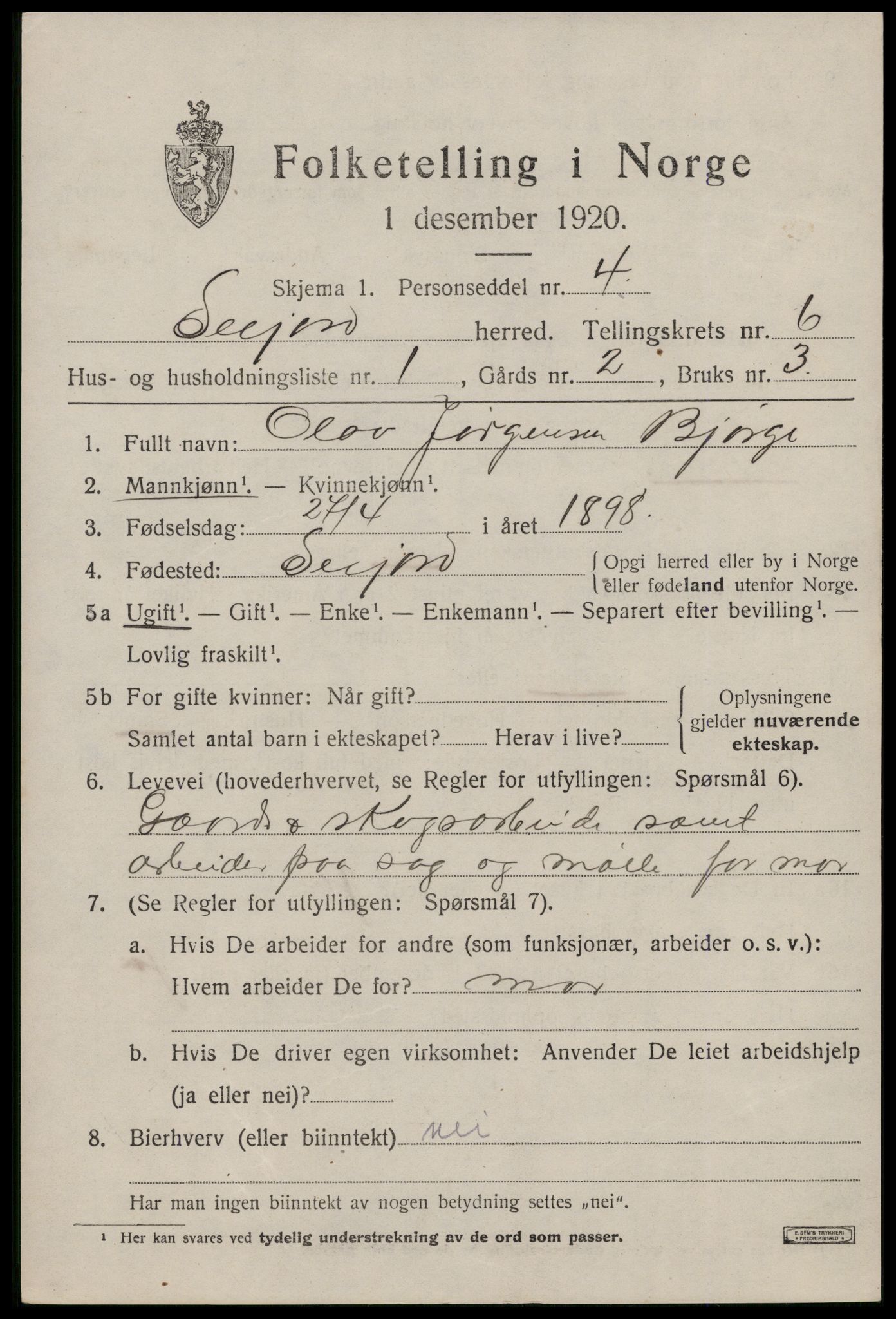 SAKO, 1920 census for Seljord, 1920, p. 2764