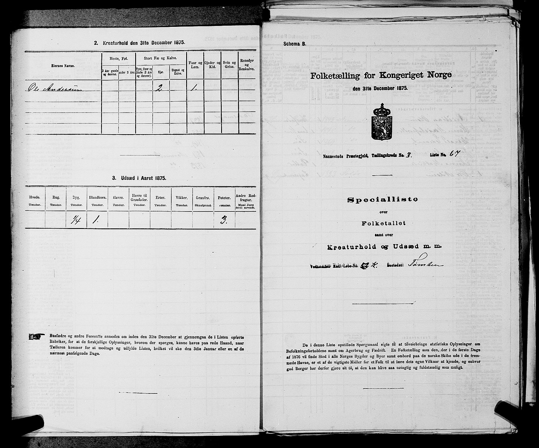 RA, 1875 census for 0238P Nannestad, 1875, p. 412
