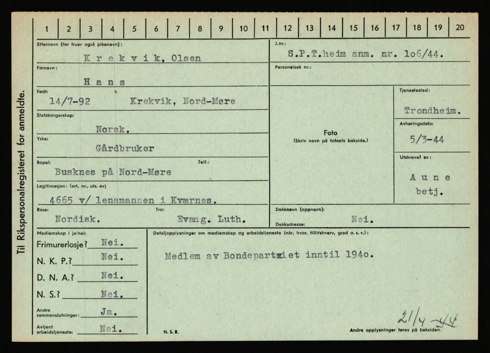 Statspolitiet - Hovedkontoret / Osloavdelingen, AV/RA-S-1329/C/Ca/L0009: Knutsen - Limstrand, 1943-1945, p. 912