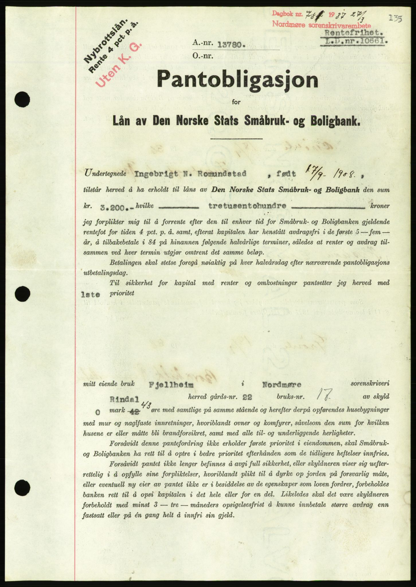 Nordmøre sorenskriveri, AV/SAT-A-4132/1/2/2Ca/L0091: Mortgage book no. B81, 1937-1937, Diary no: : 781/1937