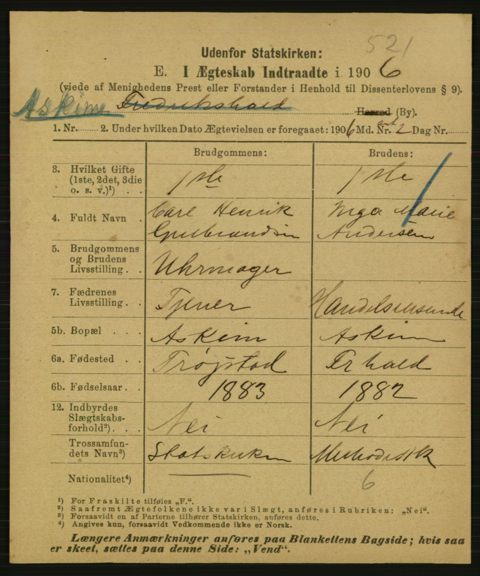 Statistisk sentralbyrå, Sosiodemografiske emner, Befolkning, AV/RA-S-2228/E/L0004: Fødte, gifte, døde dissentere., 1906, p. 1779