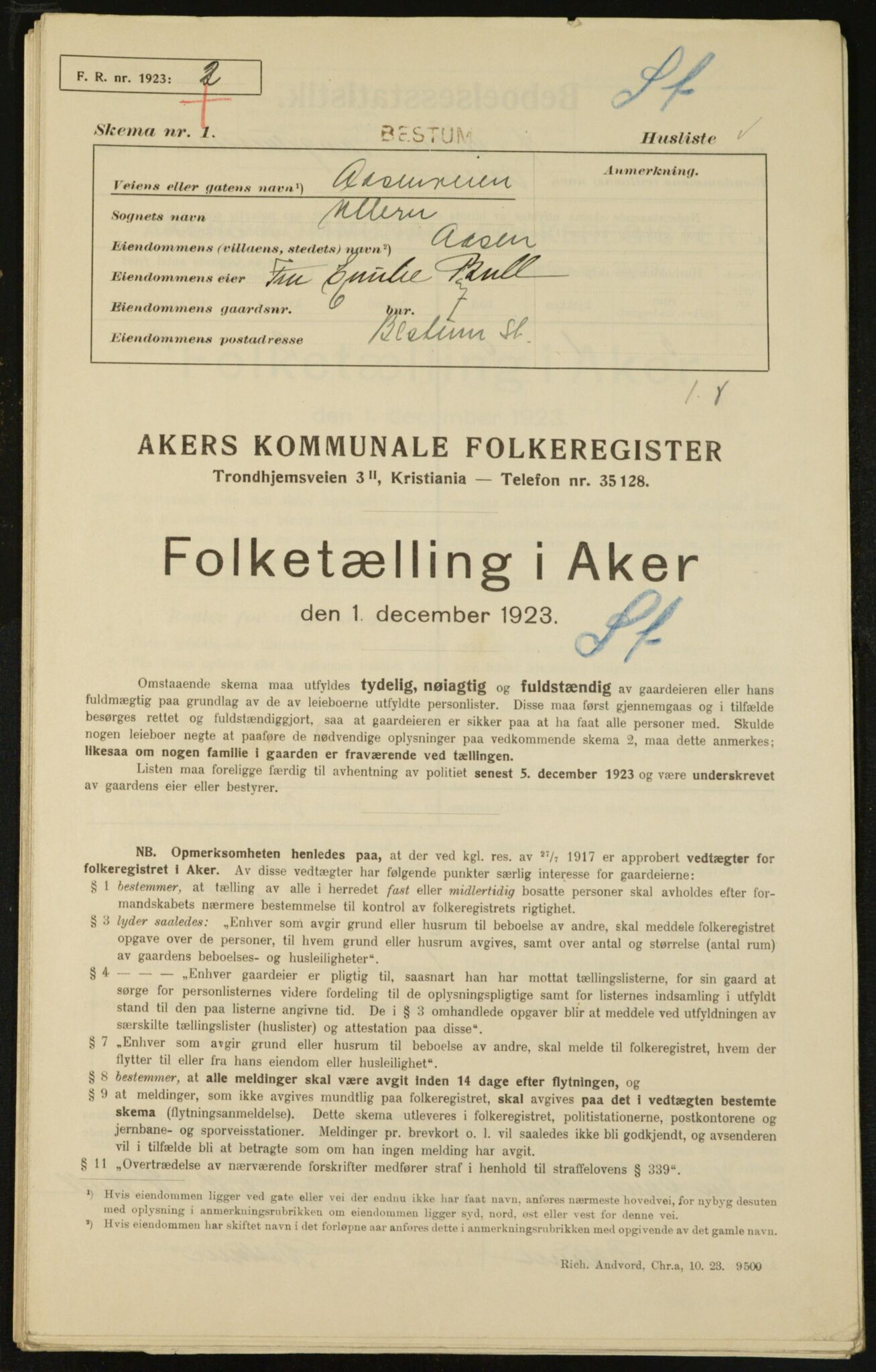 , Municipal Census 1923 for Aker, 1923, p. 14