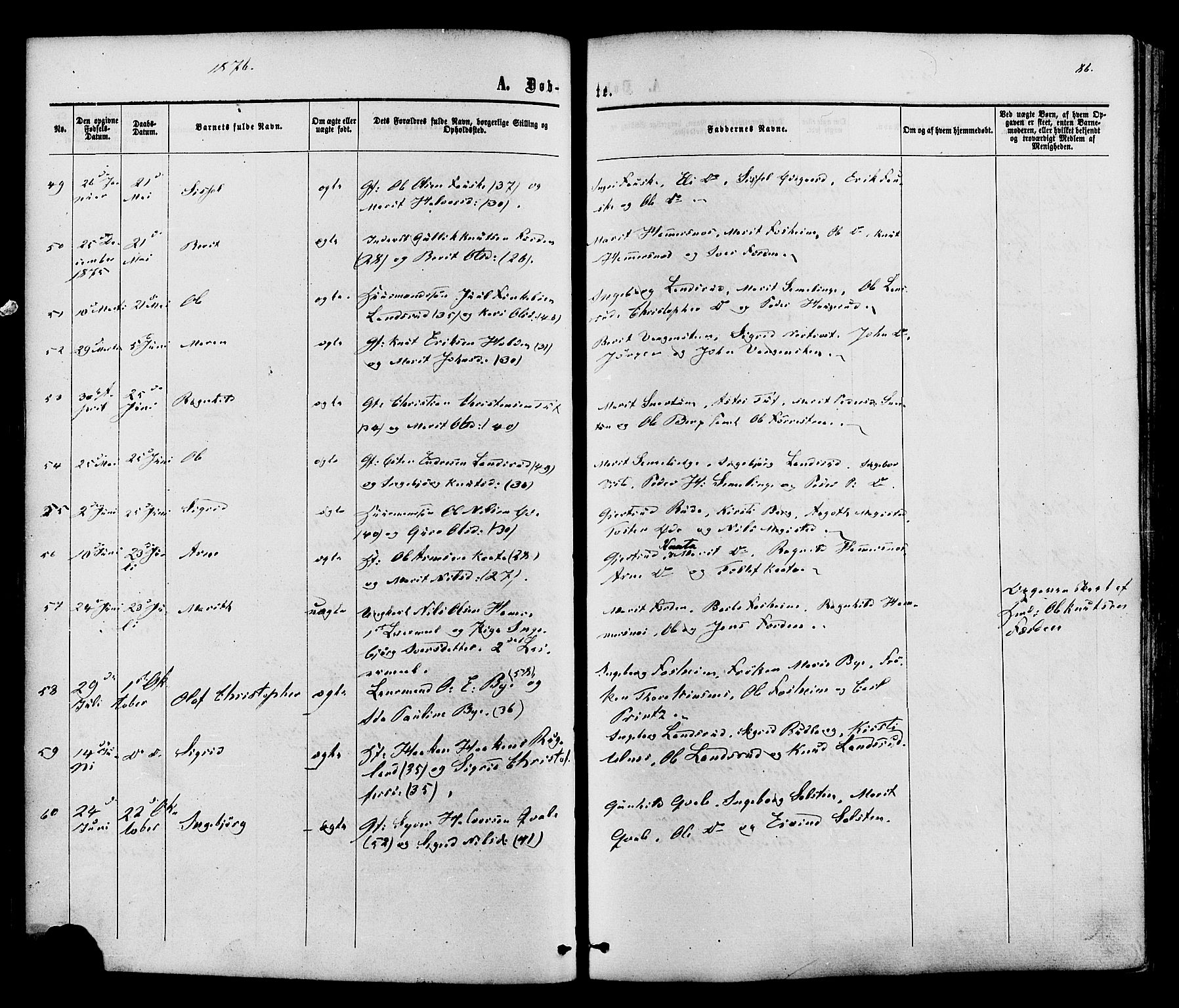 Vestre Slidre prestekontor, SAH/PREST-136/H/Ha/Haa/L0003: Parish register (official) no. 3, 1865-1880, p. 86