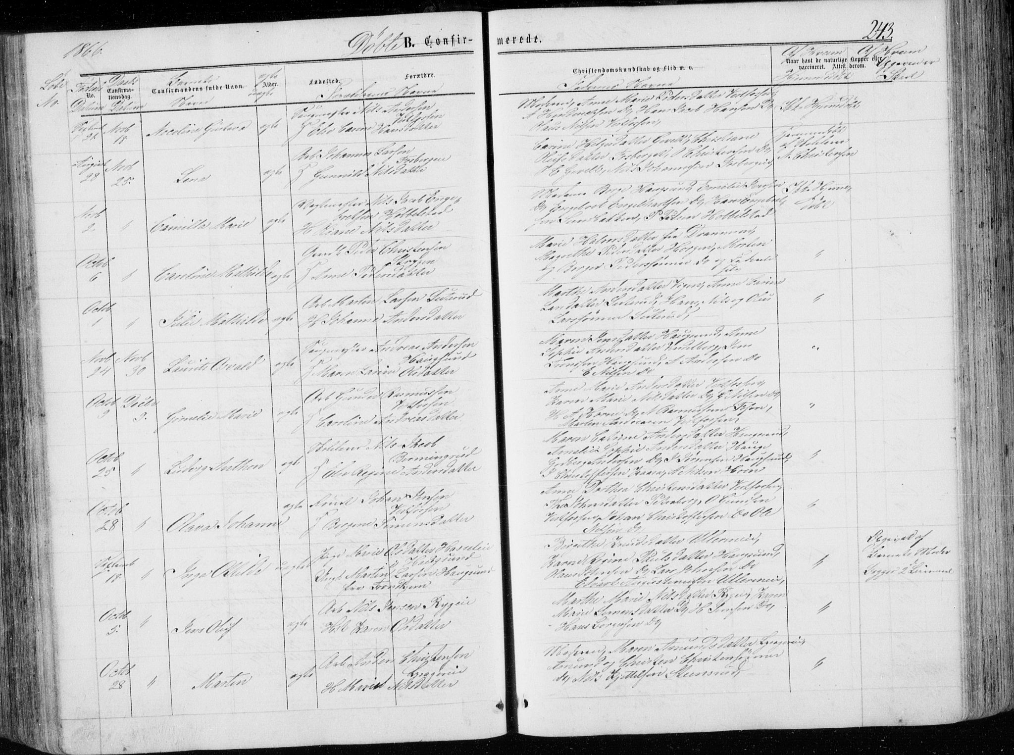 Eiker kirkebøker, AV/SAKO-A-4/G/Ga/L0003: Parish register (copy) no. I 3, 1856-1871, p. 243