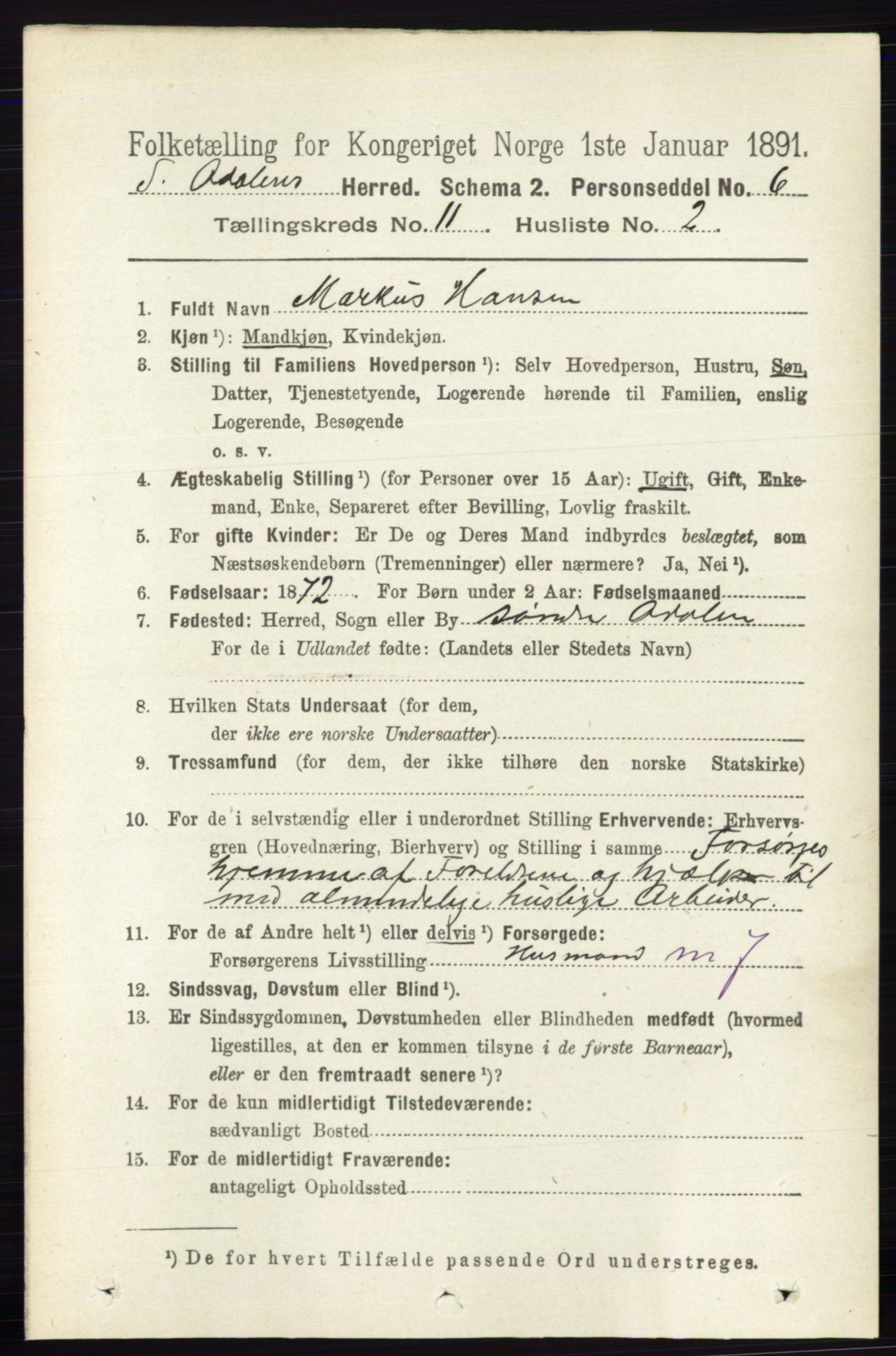 RA, 1891 census for 0419 Sør-Odal, 1891, p. 4912