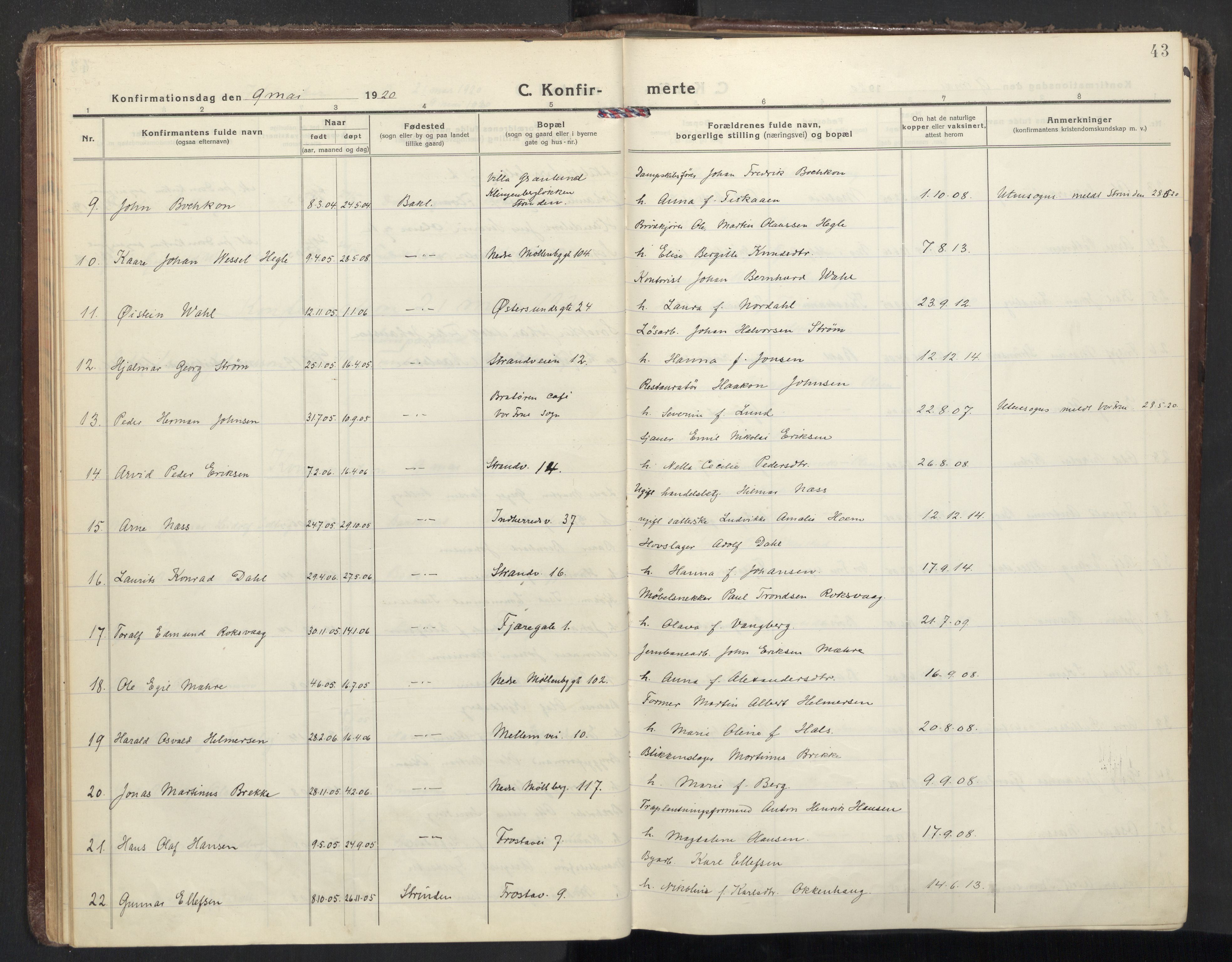Ministerialprotokoller, klokkerbøker og fødselsregistre - Sør-Trøndelag, SAT/A-1456/605/L0247: Parish register (official) no. 605A09, 1918-1930, p. 43