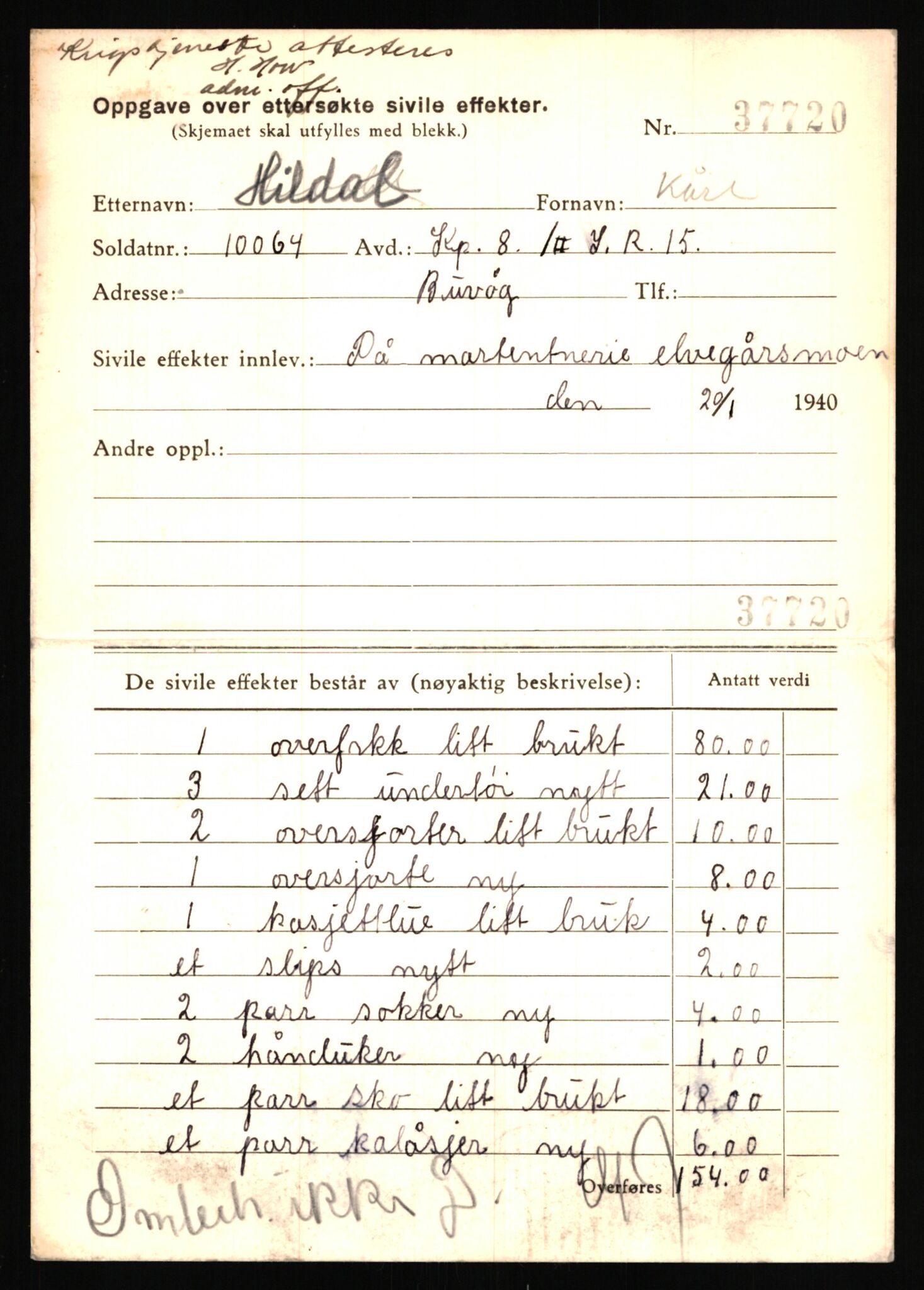 Justisdepartementet, Oppgjørsavdelingen, AV/RA-S-1056/G/Gb/L0032: Oppgaver over ettersøkte sivile effekter. Hildal, Kåre - Holm, Håkon Andersen, 1940-1942, p. 3