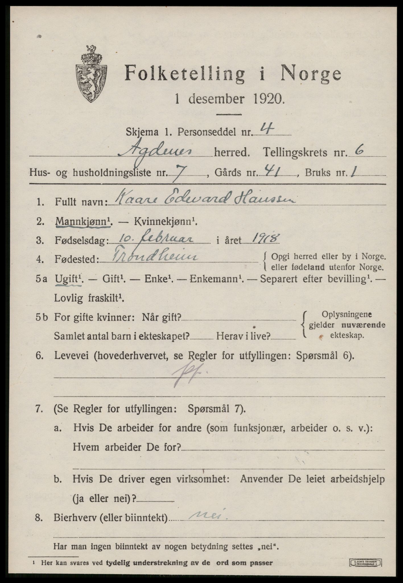 SAT, 1920 census for Agdenes, 1920, p. 2559