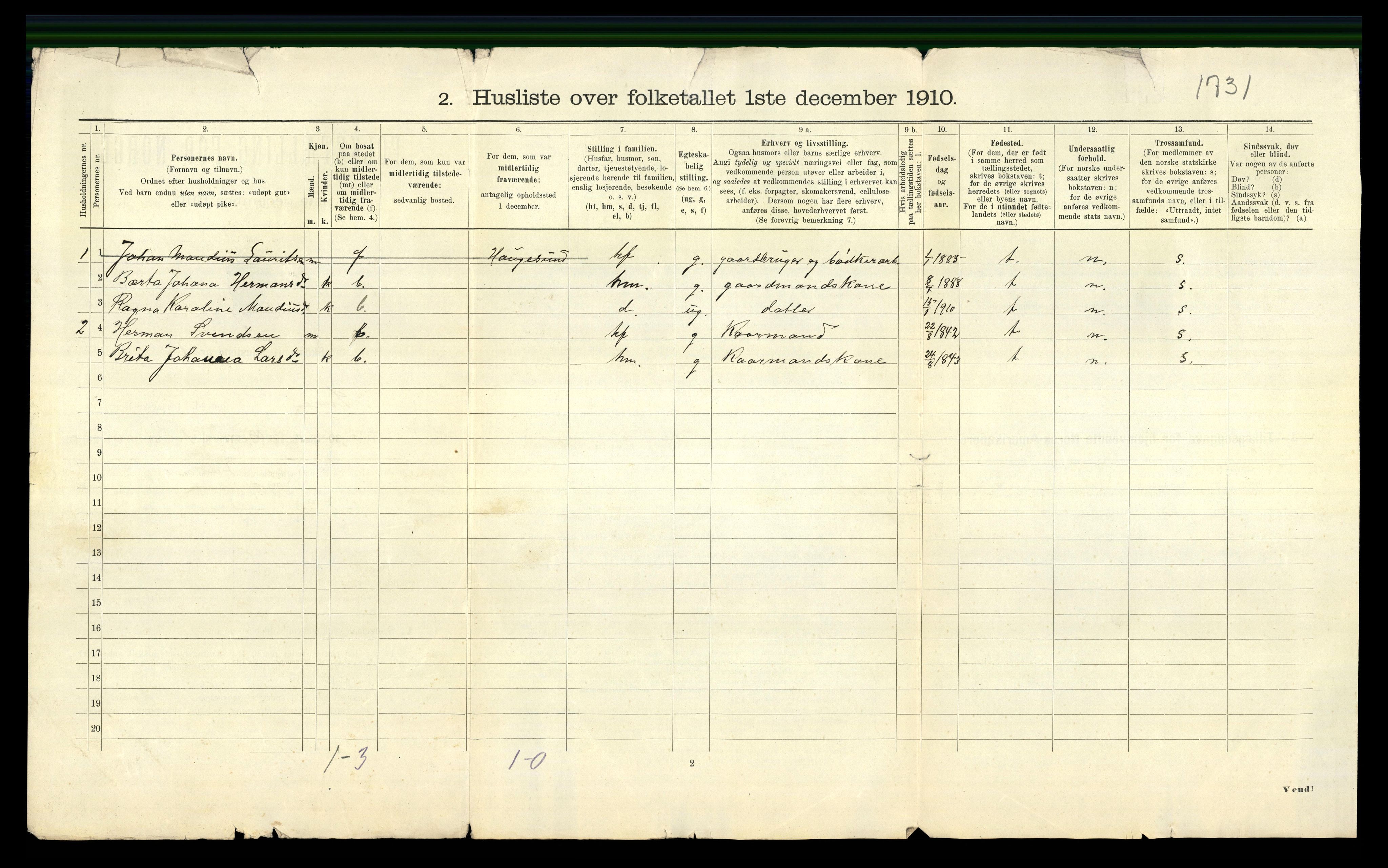 RA, 1910 census for Sveio, 1910, p. 31