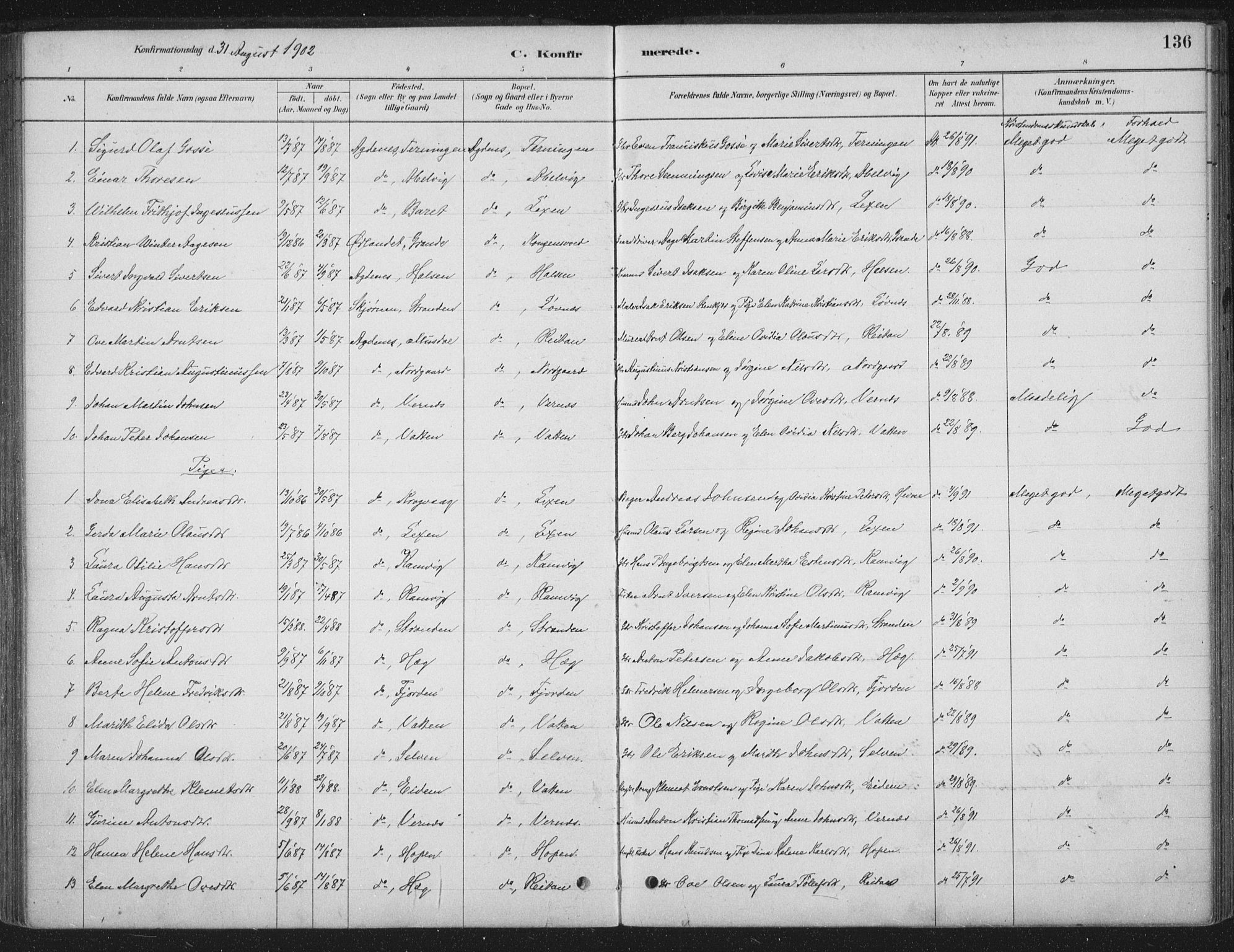 Ministerialprotokoller, klokkerbøker og fødselsregistre - Sør-Trøndelag, SAT/A-1456/662/L0755: Parish register (official) no. 662A01, 1879-1905, p. 136