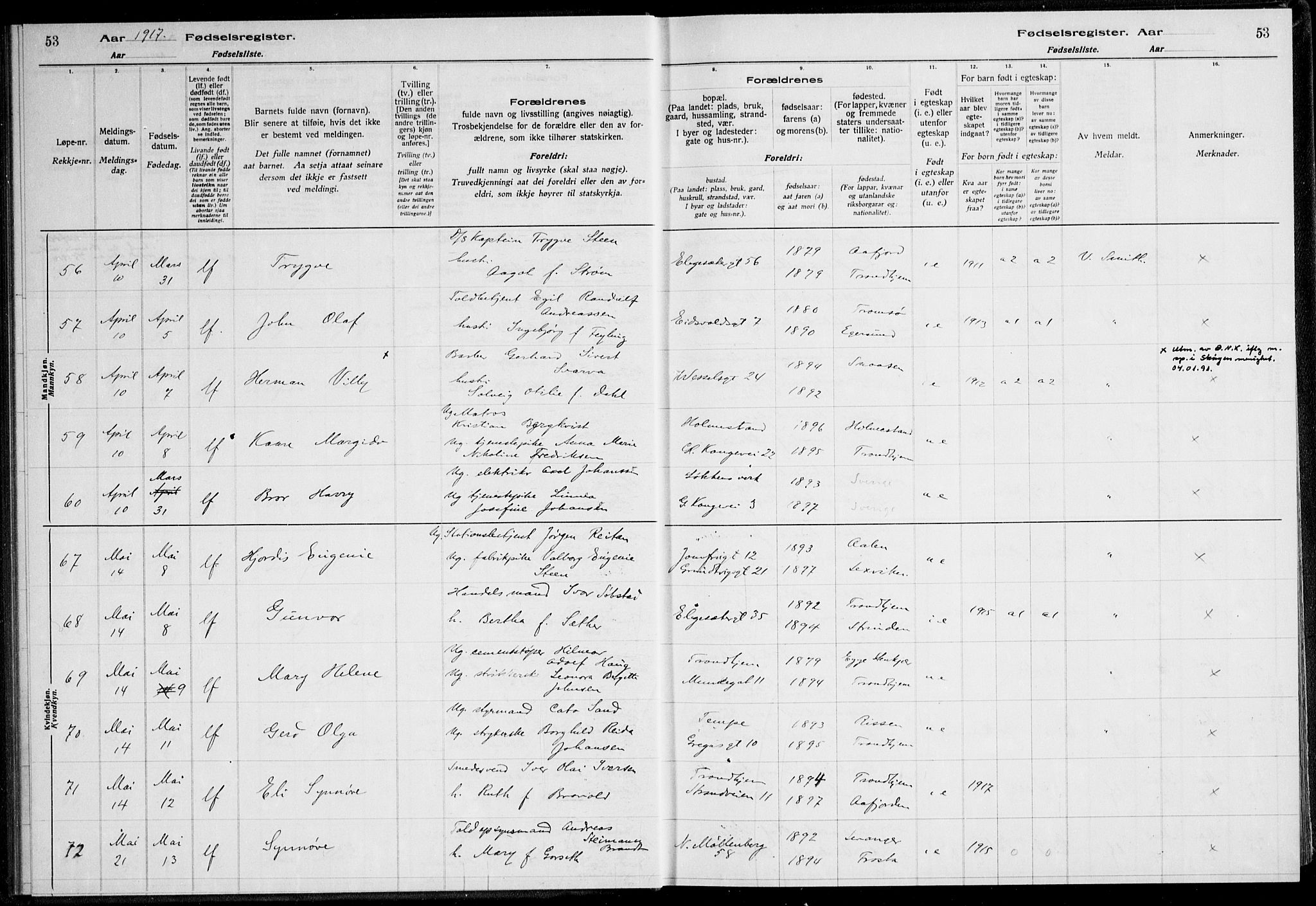 Ministerialprotokoller, klokkerbøker og fødselsregistre - Sør-Trøndelag, SAT/A-1456/600/L0002: Birth register no. 600.II.4.1, 1916-1920, p. 53