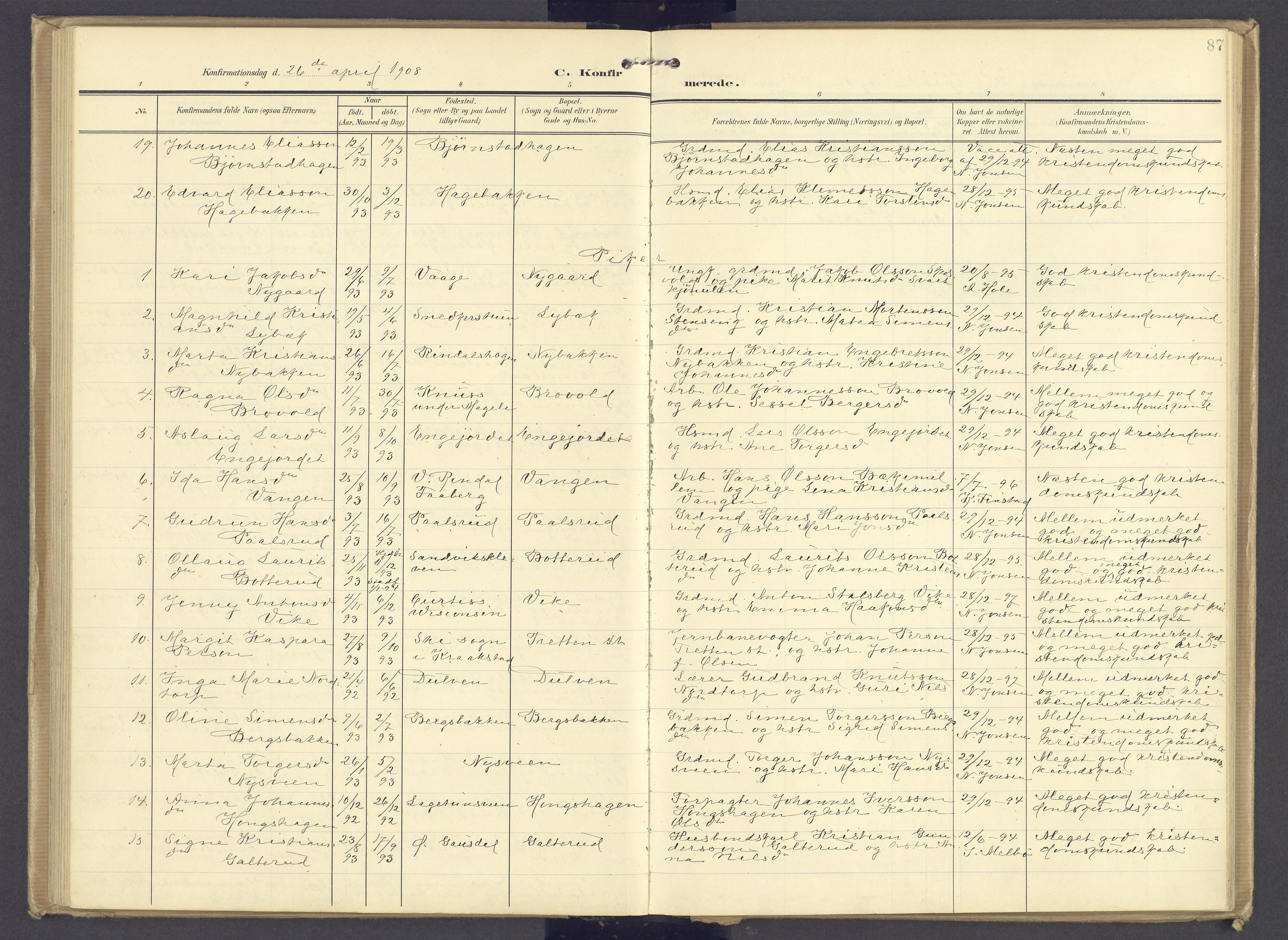 Øyer prestekontor, SAH/PREST-084/H/Ha/Haa/L0013: Parish register (official) no. 13, 1905-1920, p. 87
