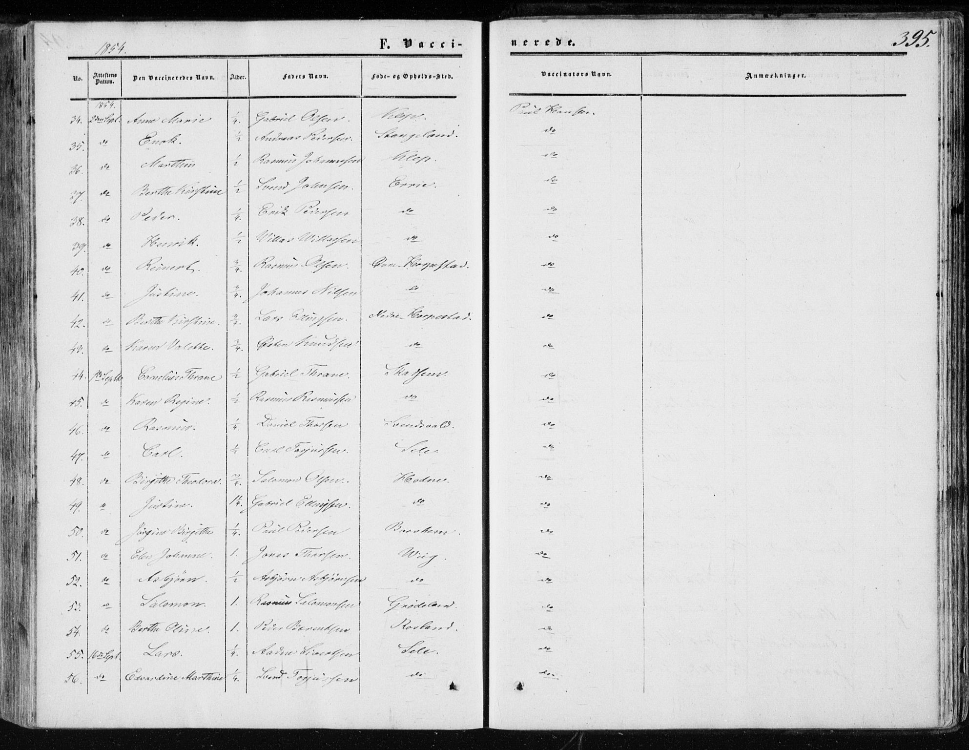 Klepp sokneprestkontor, AV/SAST-A-101803/001/3/30BA/L0005: Parish register (official) no. A 5, 1853-1870, p. 395