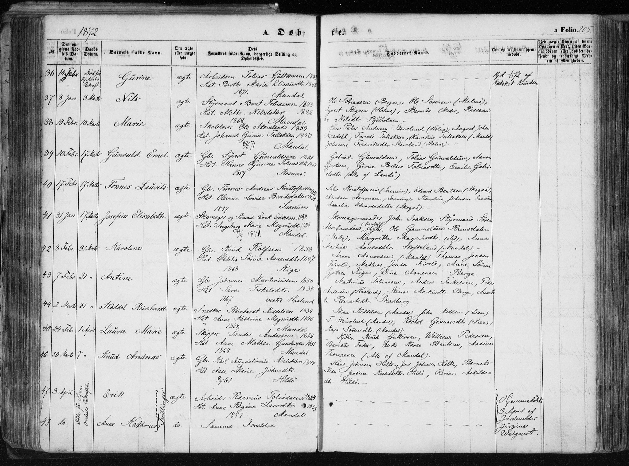 Mandal sokneprestkontor, AV/SAK-1111-0030/F/Fa/Faa/L0014: Parish register (official) no. A 14, 1859-1872, p. 205