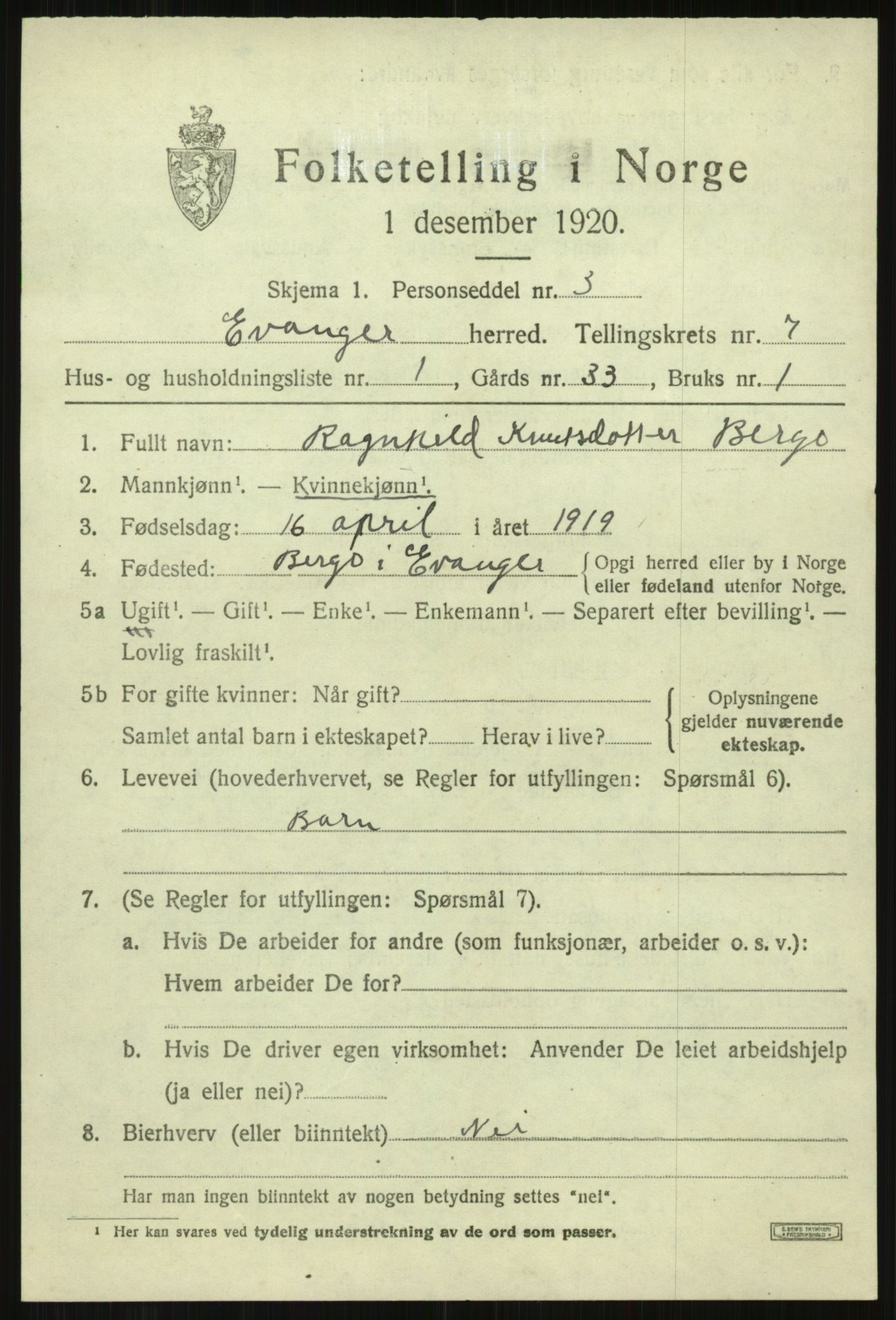 SAB, 1920 census for Evanger, 1920, p. 2323