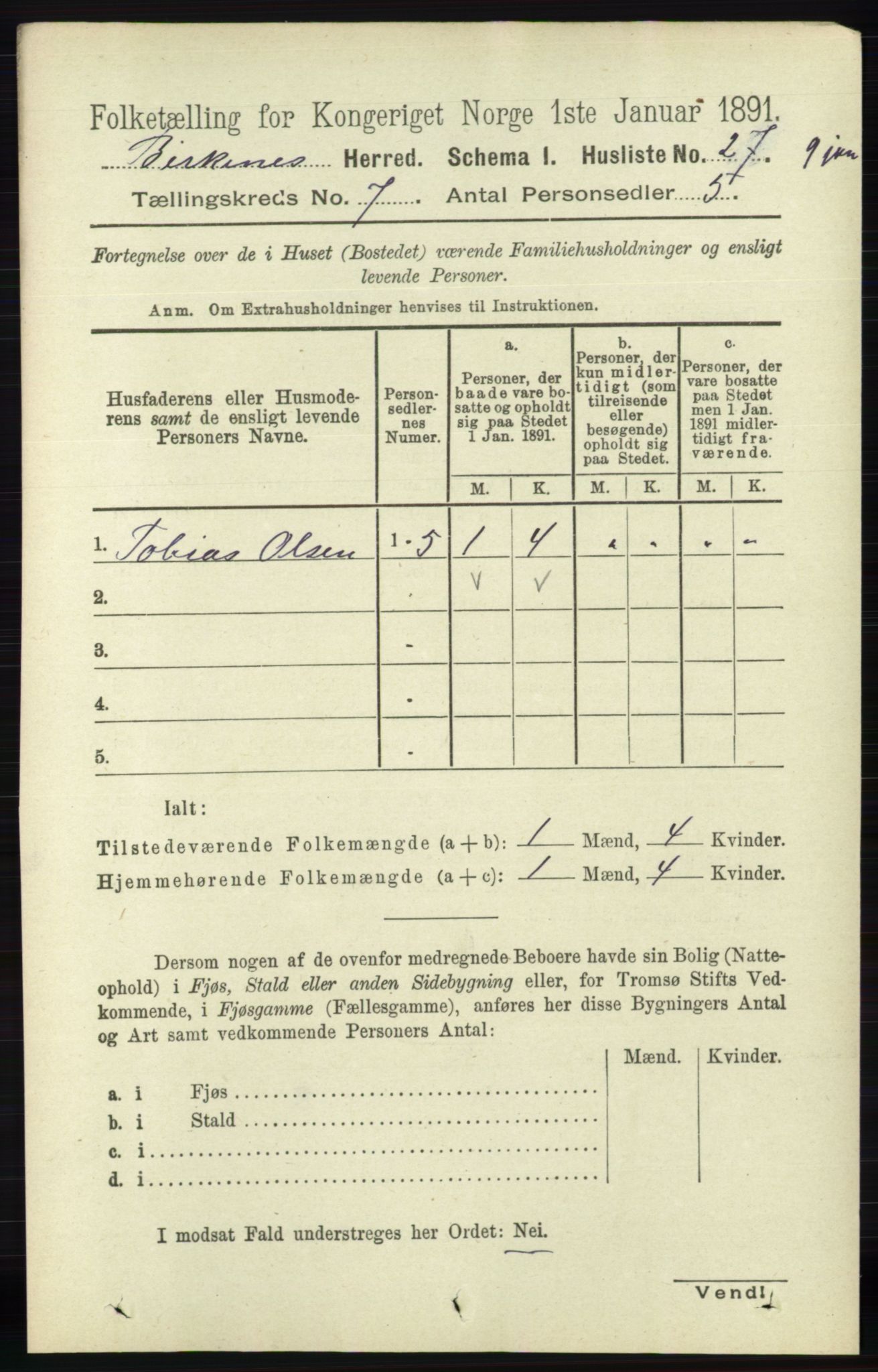 RA, 1891 Census for 0928 Birkenes, 1891, p. 1968