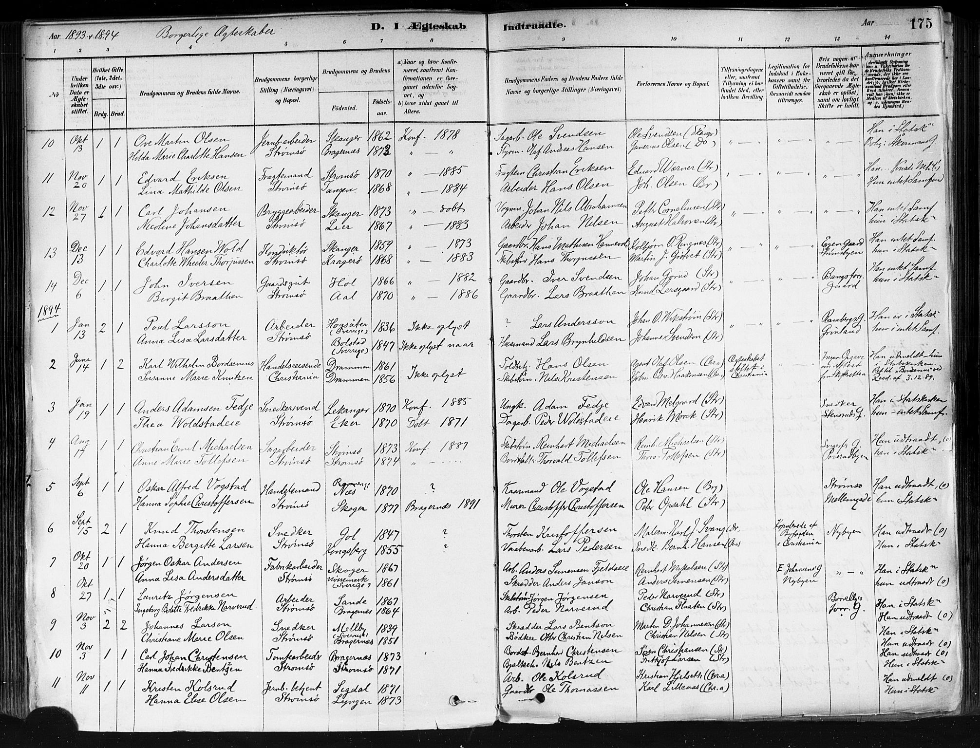 Strømsø kirkebøker, AV/SAKO-A-246/F/Fa/L0022: Parish register (official) no. I 22, 1879-1899, p. 175