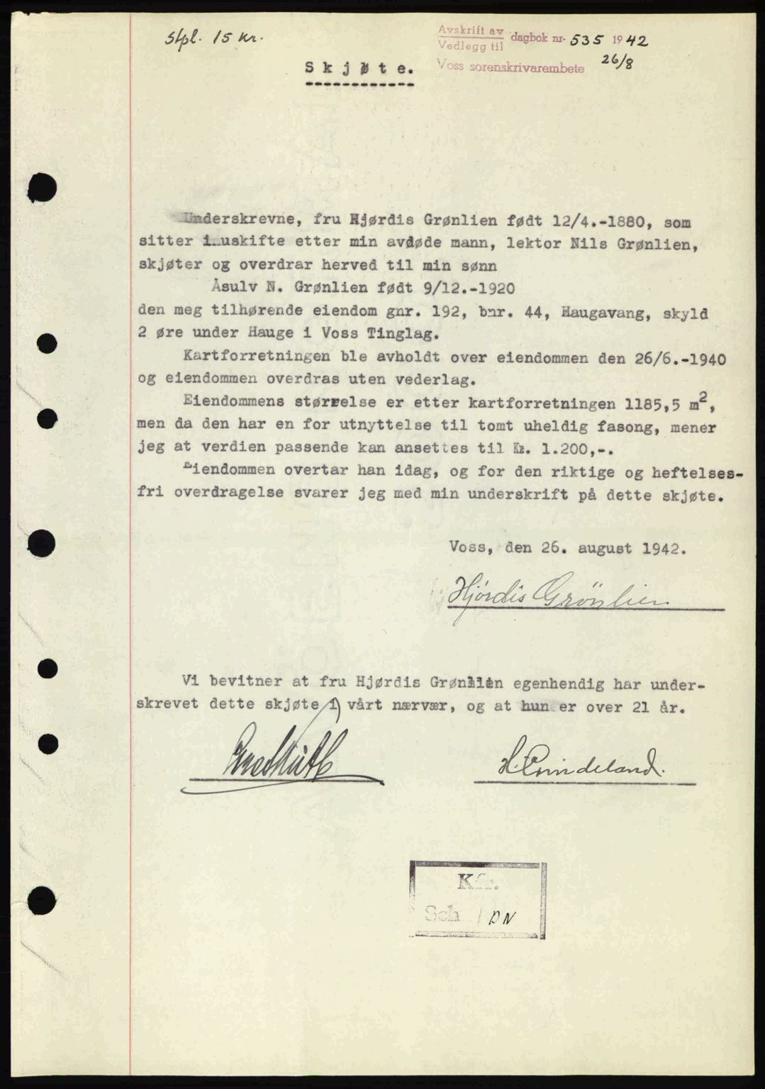 Voss sorenskrivar, AV/SAB-A-2701/G/Ga/Gac/L0006: Mortgage book no. A29, 1942-1943, Diary no: : 535/1942