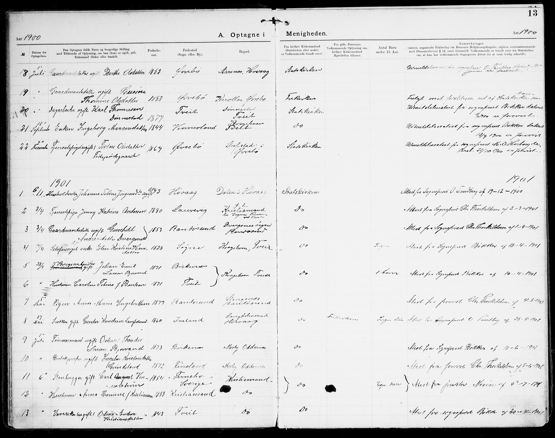 Den evangelisk-lutherske frikirke, Kristiansand, SAK/1292-0017/F/Fa/L0003: Dissenter register no. F 11, 1892-1925, p. 13