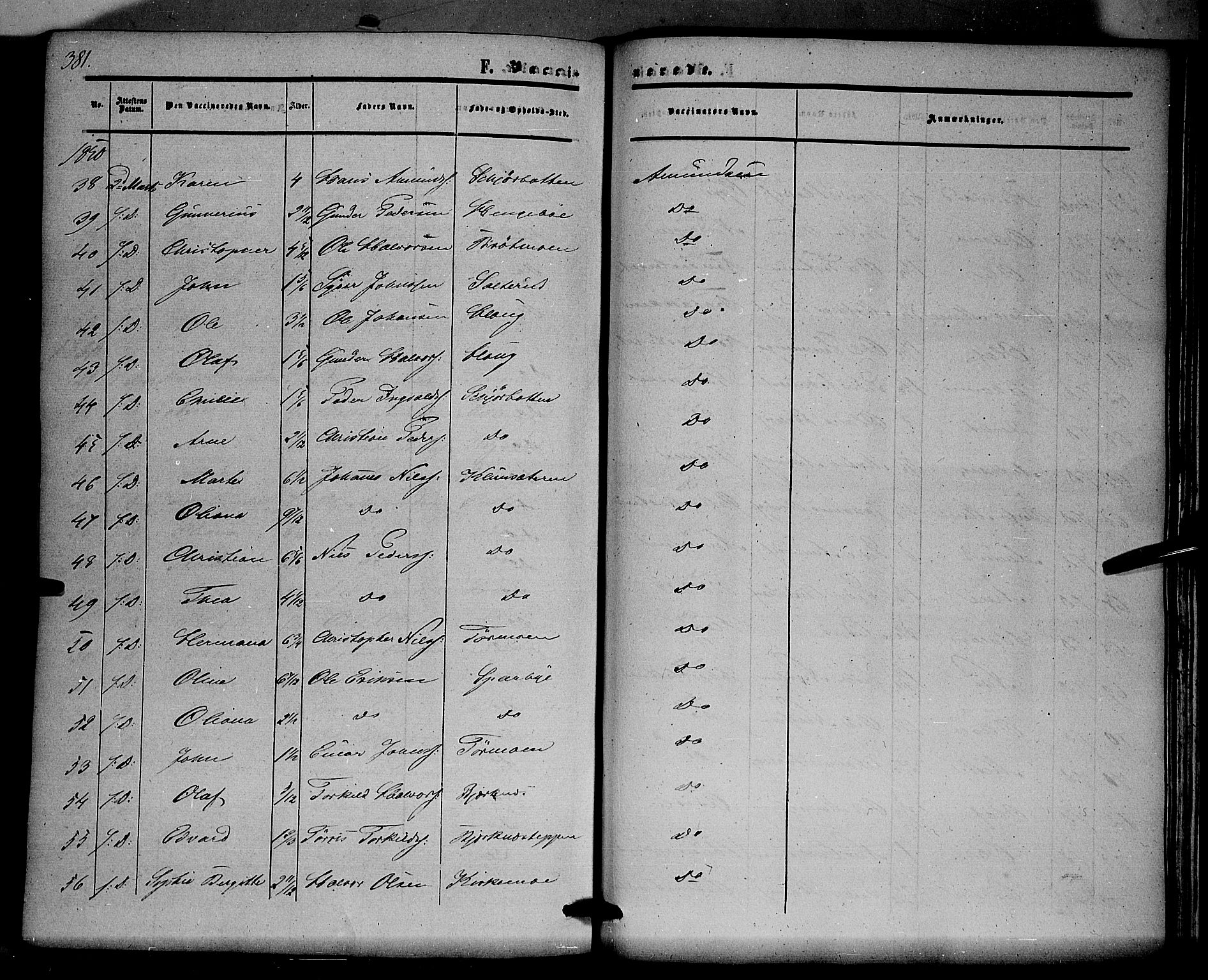 Hof prestekontor, SAH/PREST-038/H/Ha/Haa/L0008: Parish register (official) no. 8, 1849-1861, p. 381