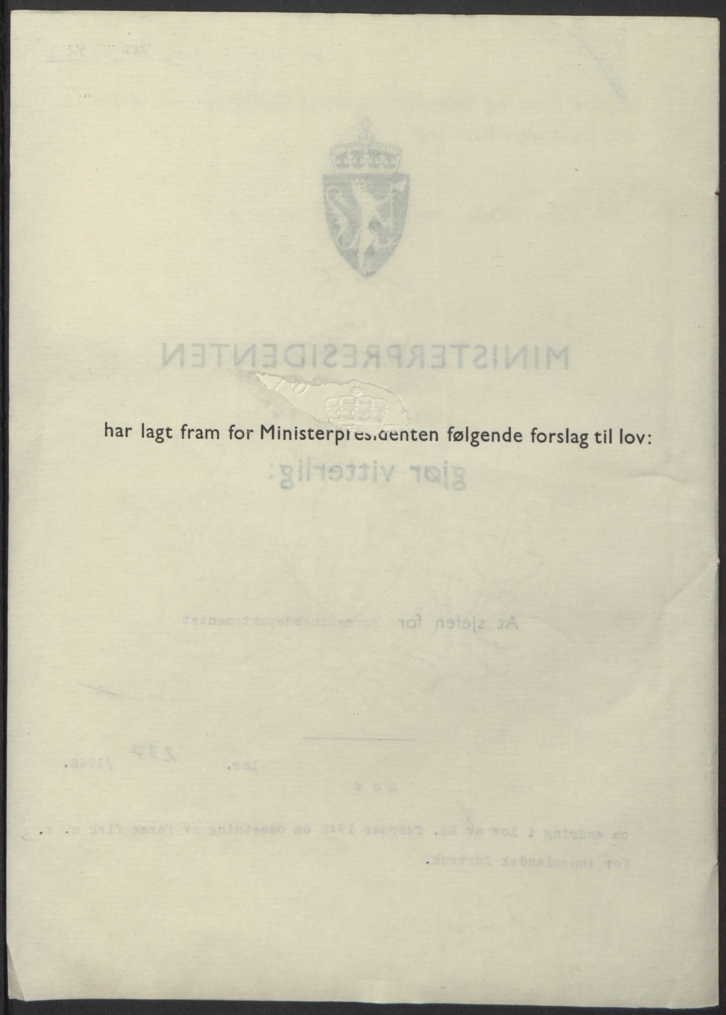 NS-administrasjonen 1940-1945 (Statsrådsekretariatet, de kommisariske statsråder mm), RA/S-4279/D/Db/L0098: Lover II, 1942, p. 594