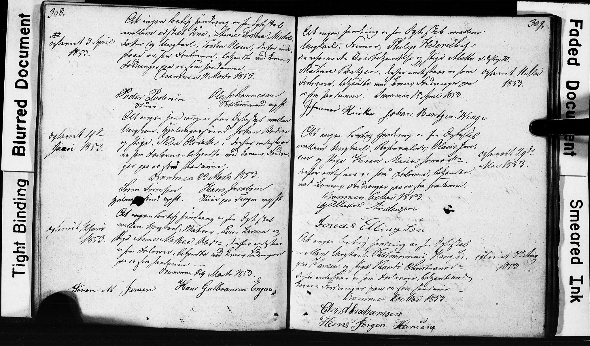 Strømsø kirkebøker, AV/SAKO-A-246/H/Hb/L0002: Best man's statements no. 2, 1815-1857, p. 308-309