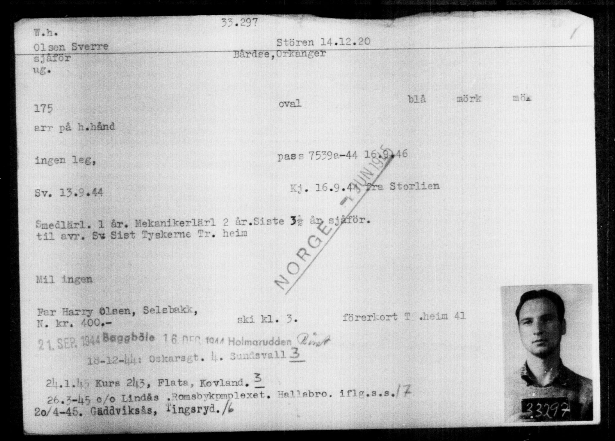 Utenriksstasjonene, Legasjonen i Stockholm, Flyktningkontoret, AV/RA-S-6753/V/Va/L0013: Kjesäterkartoteket, flyktninger med registreringsnr. 31500-34731, 1940-1945, p. 1889