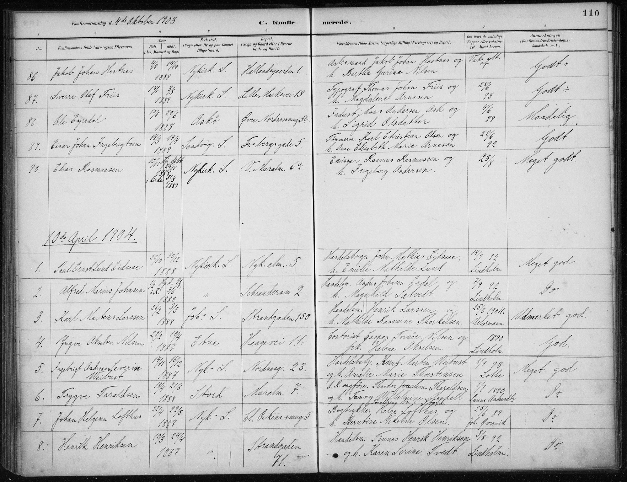 Nykirken Sokneprestembete, SAB/A-77101/H/Haa/L0027: Parish register (official) no. C 6, 1886-1913, p. 110
