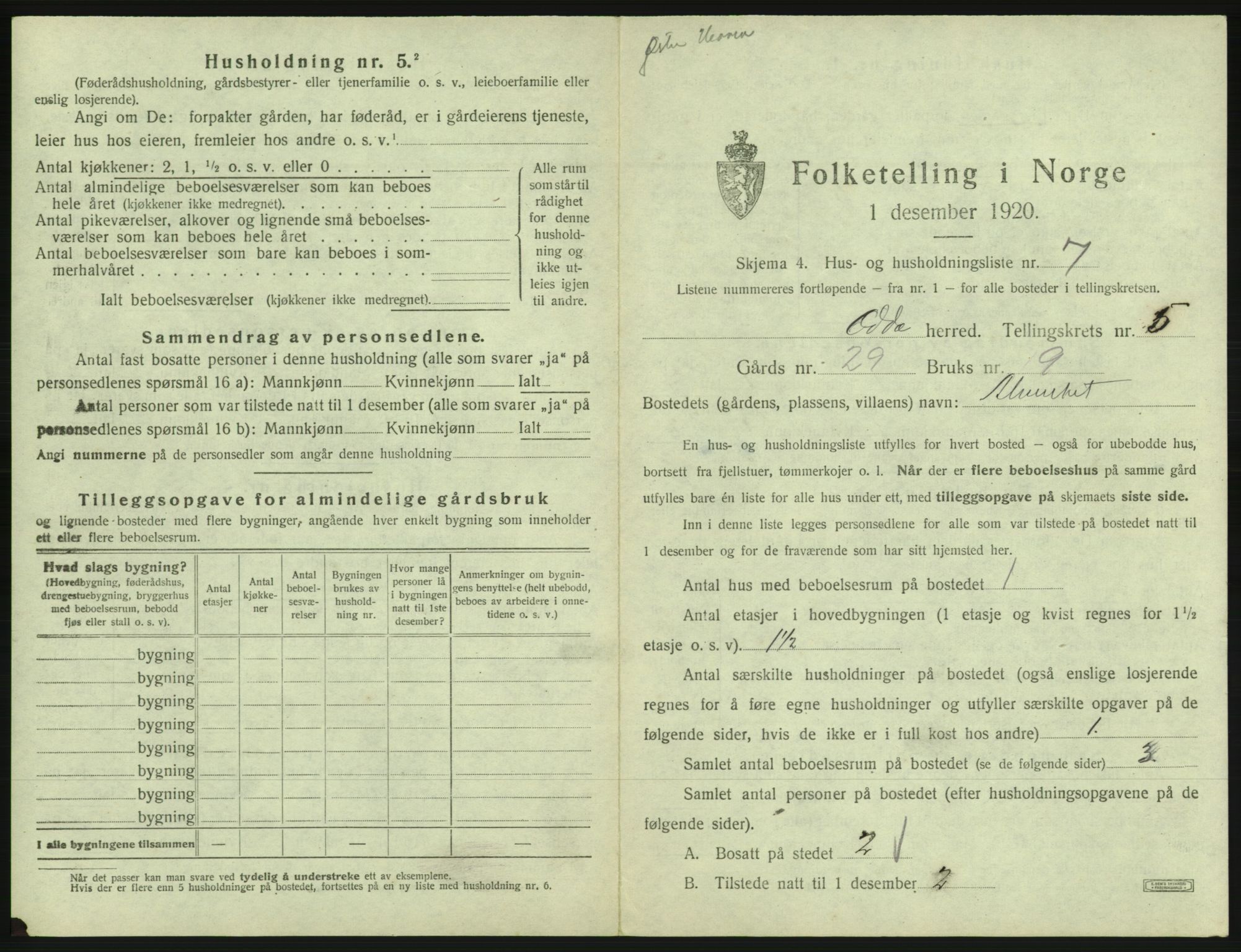 SAB, 1920 census for Odda, 1920, p. 365