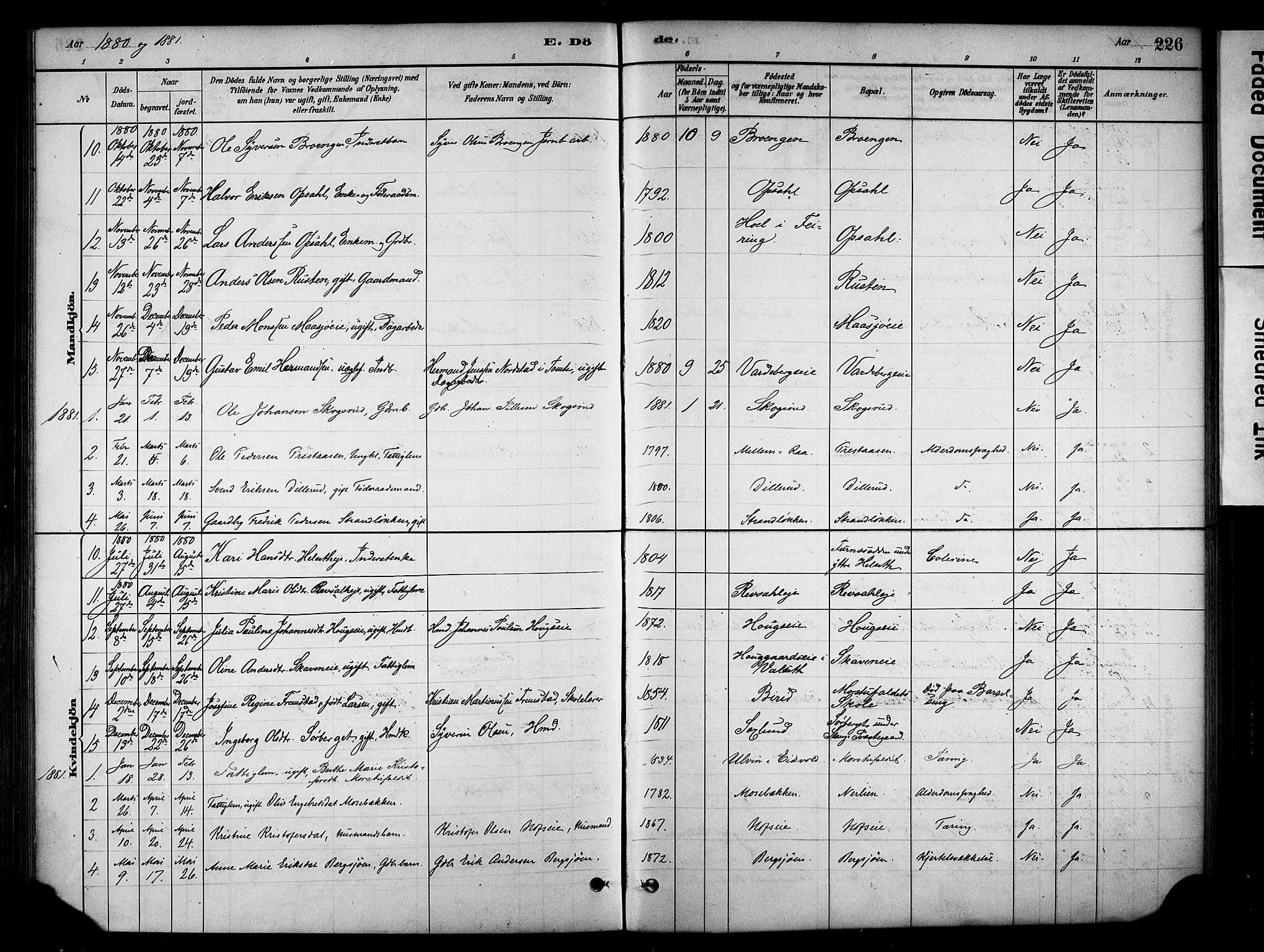 Stange prestekontor, SAH/PREST-002/K/L0018: Parish register (official) no. 18, 1880-1896, p. 226
