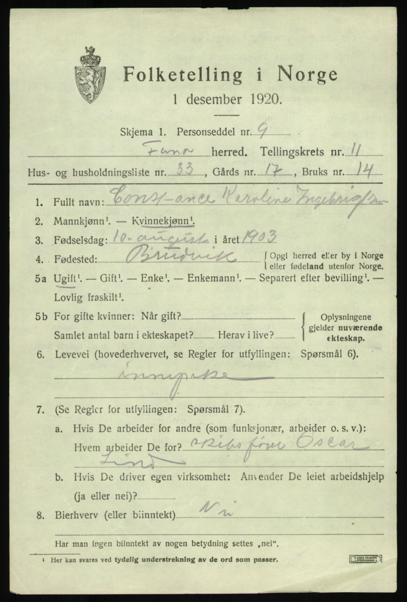 SAB, 1920 census for Fana, 1920, p. 18643