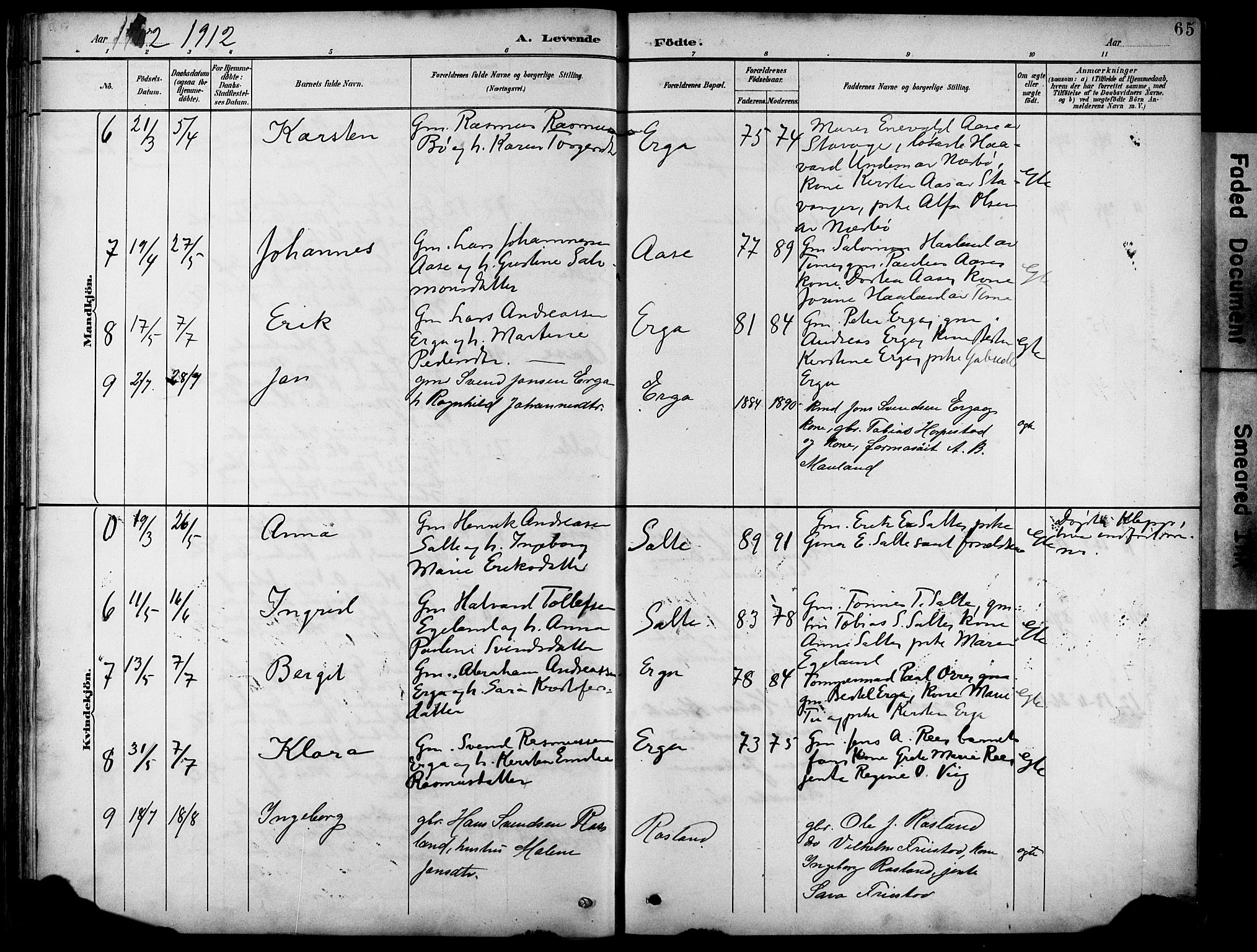 Klepp sokneprestkontor, AV/SAST-A-101803/001/3/30BB/L0005: Parish register (copy) no. B 5, 1889-1918, p. 65