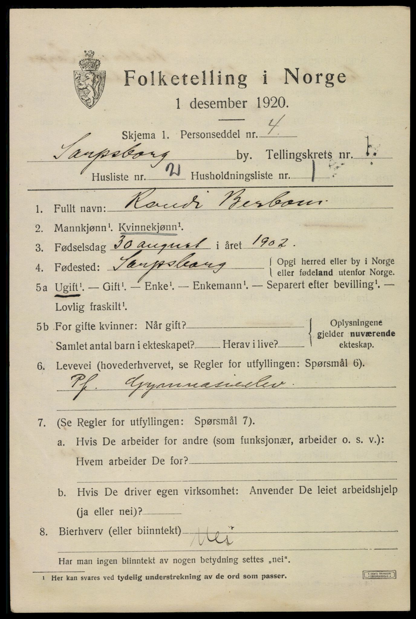 SAO, 1920 census for Sarpsborg, 1920, p. 7320