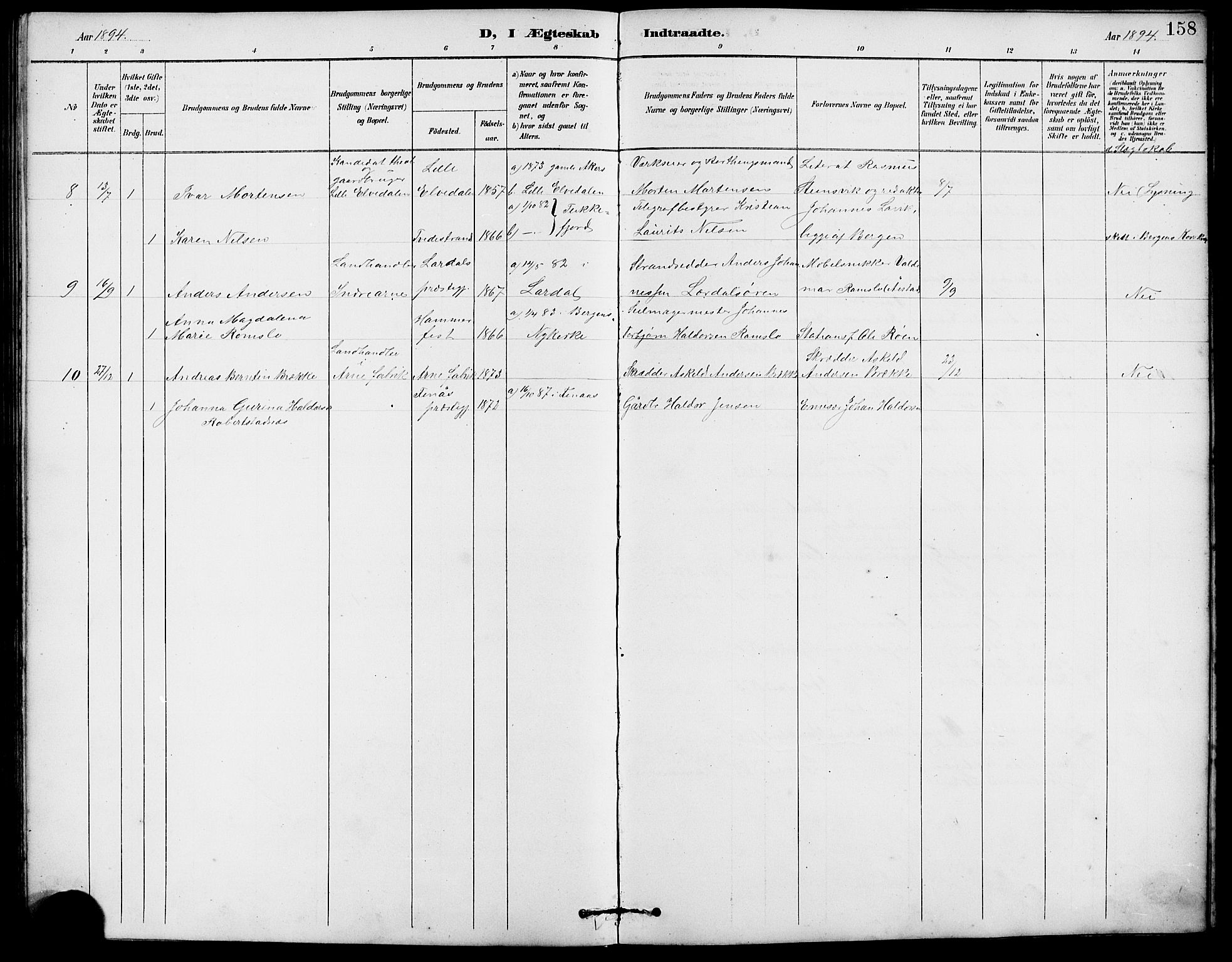 Arna Sokneprestembete, AV/SAB-A-74001/H/Ha/Hab: Parish register (copy) no. A 3, 1887-1897, p. 158