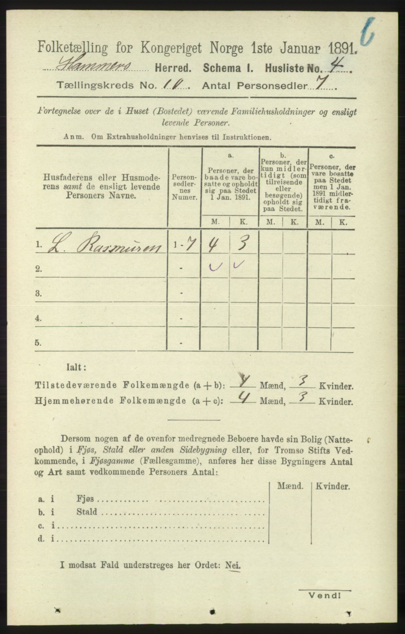 RA, 1891 census for 1254 Hamre, 1891, p. 3030