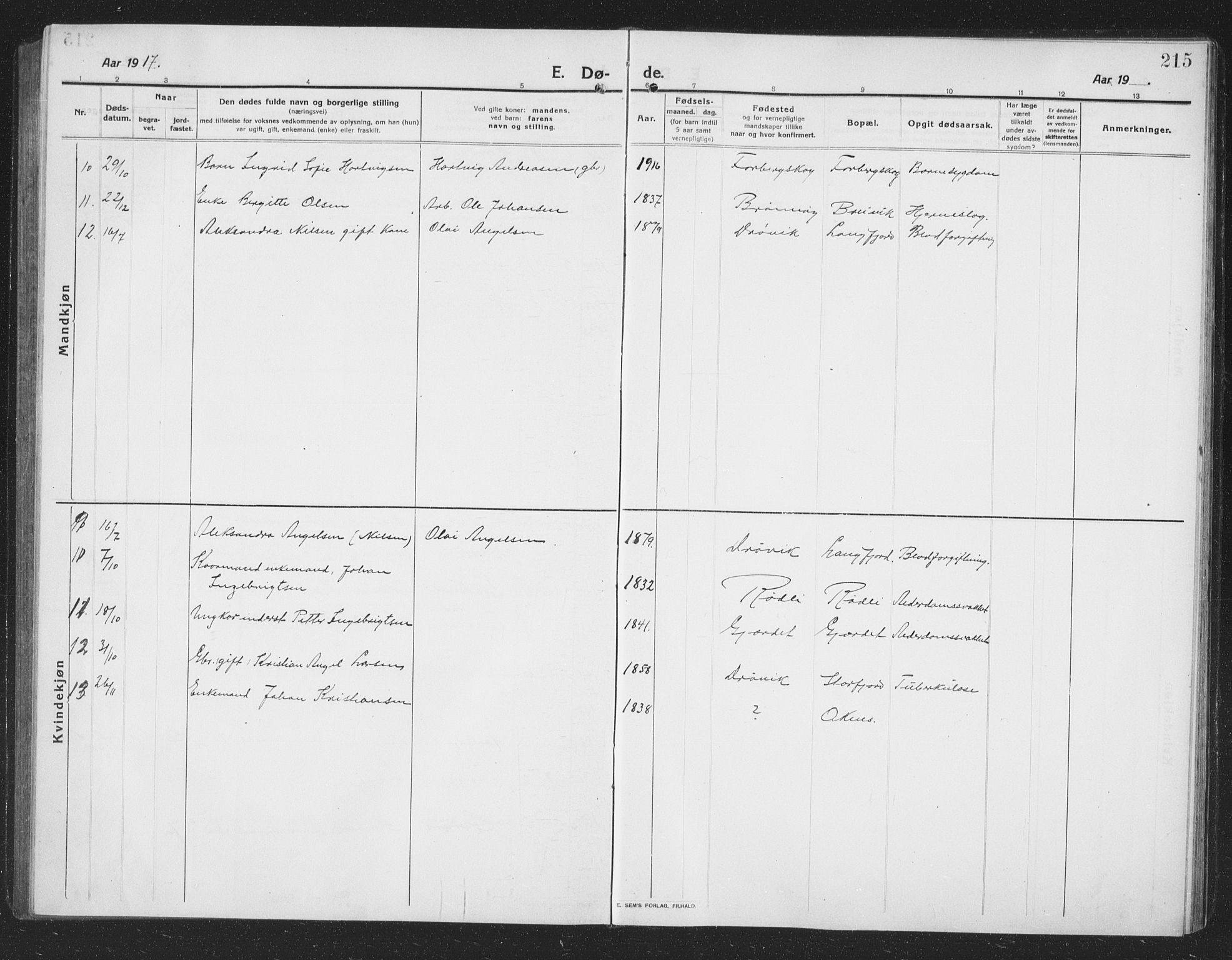 Ministerialprotokoller, klokkerbøker og fødselsregistre - Nordland, AV/SAT-A-1459/814/L0231: Parish register (copy) no. 814C04, 1912-1926, p. 215