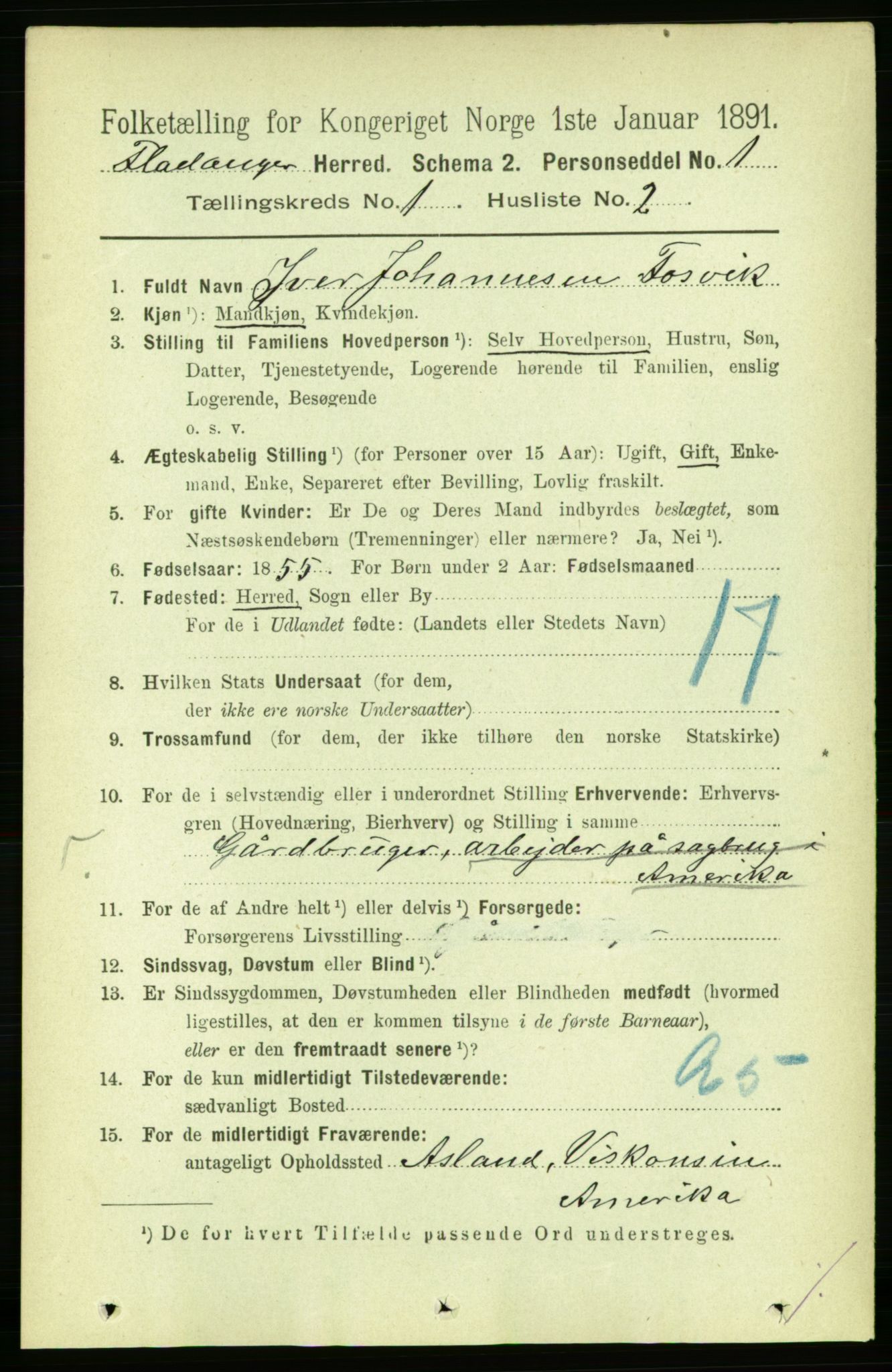 RA, 1891 census for 1749 Flatanger, 1891, p. 111