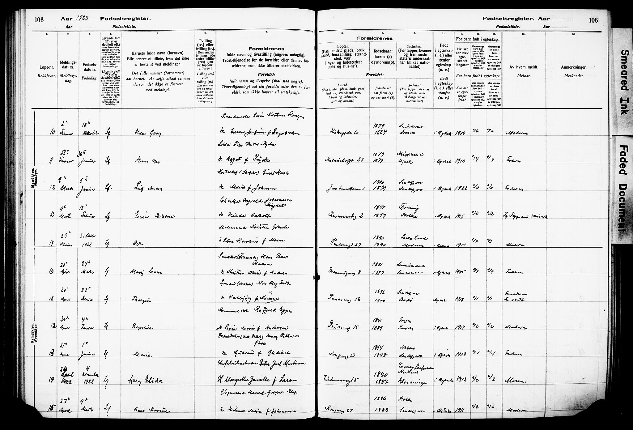 Sandefjord kirkebøker, AV/SAKO-A-315/J/Ja/L0001: Birth register no. 1, 1916-1932, p. 106