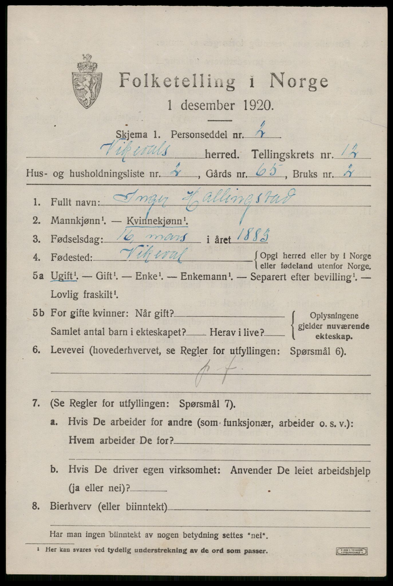 SAST, 1920 census for Vikedal, 1920, p. 3773