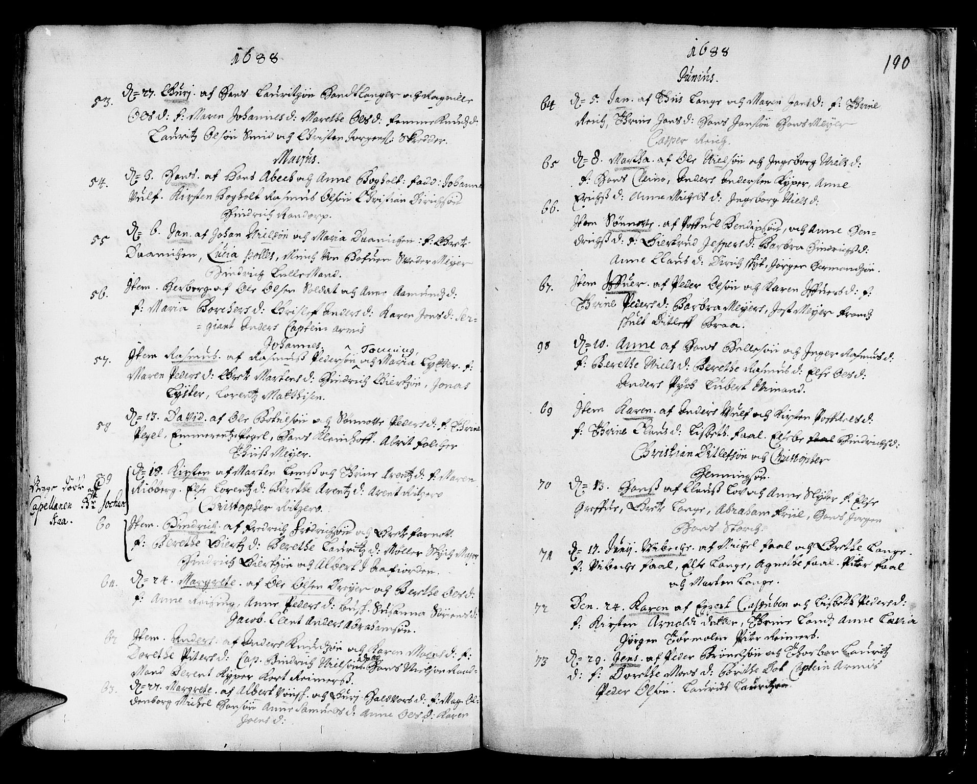 Korskirken sokneprestembete, SAB/A-76101/H/Haa/L0001: Parish register (official) no. A 1, 1674-1688, p. 190