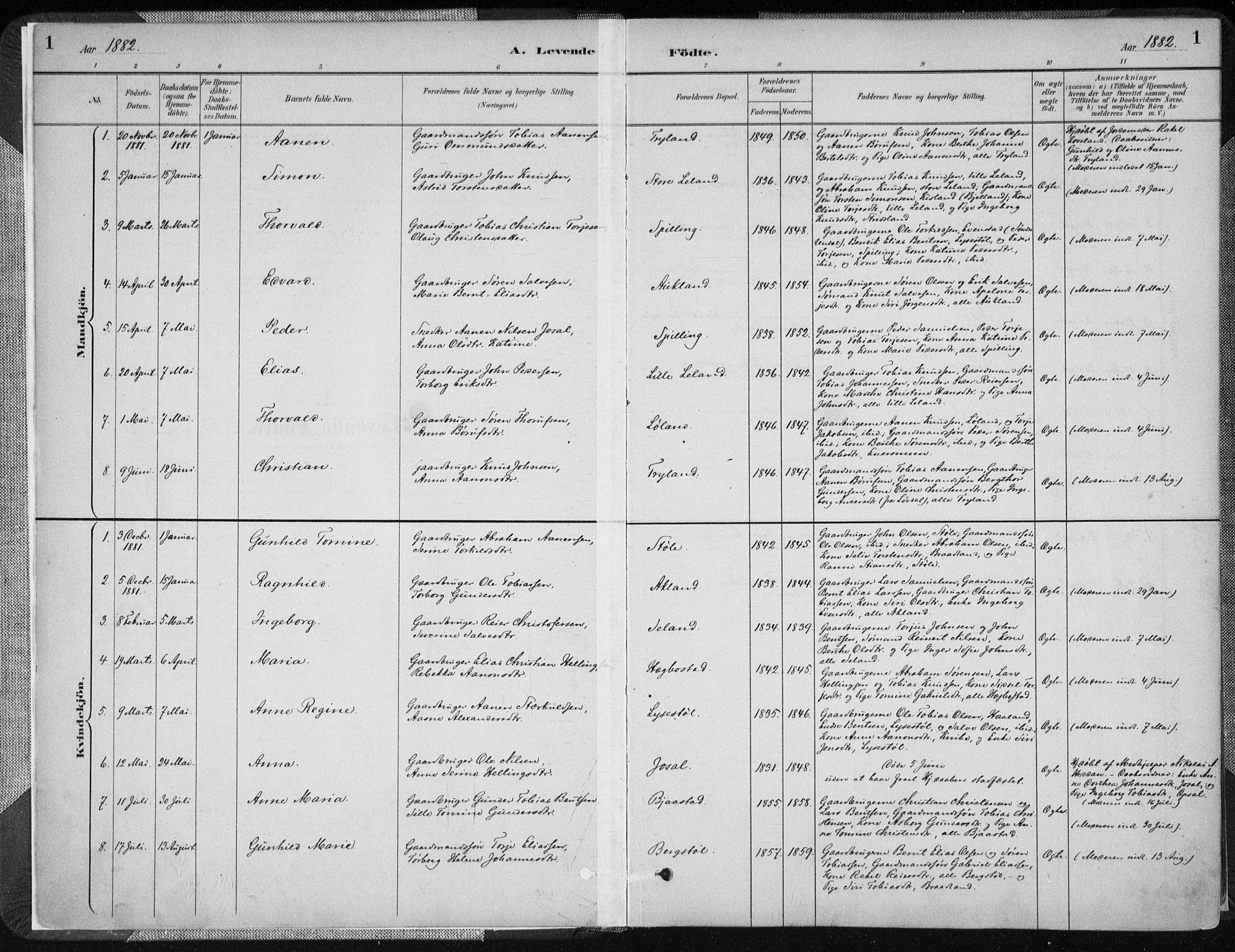 Nord-Audnedal sokneprestkontor, AV/SAK-1111-0032/F/Fa/Fab/L0003: Parish register (official) no. A 3, 1882-1900, p. 1