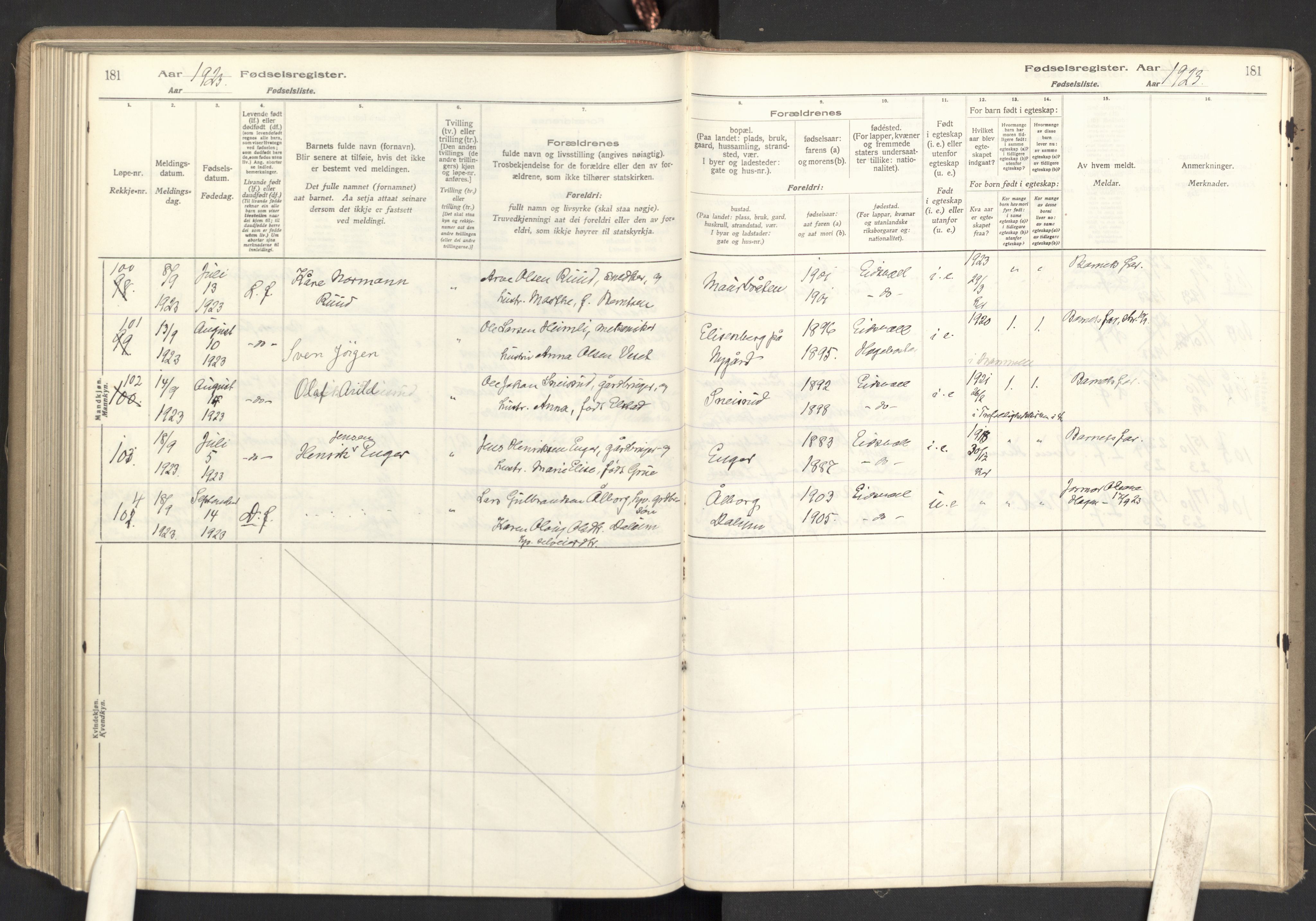 Eidsvoll prestekontor Kirkebøker, AV/SAO-A-10888/J/Ja/L0001: Birth register no. I 1, 1916-1924, p. 181